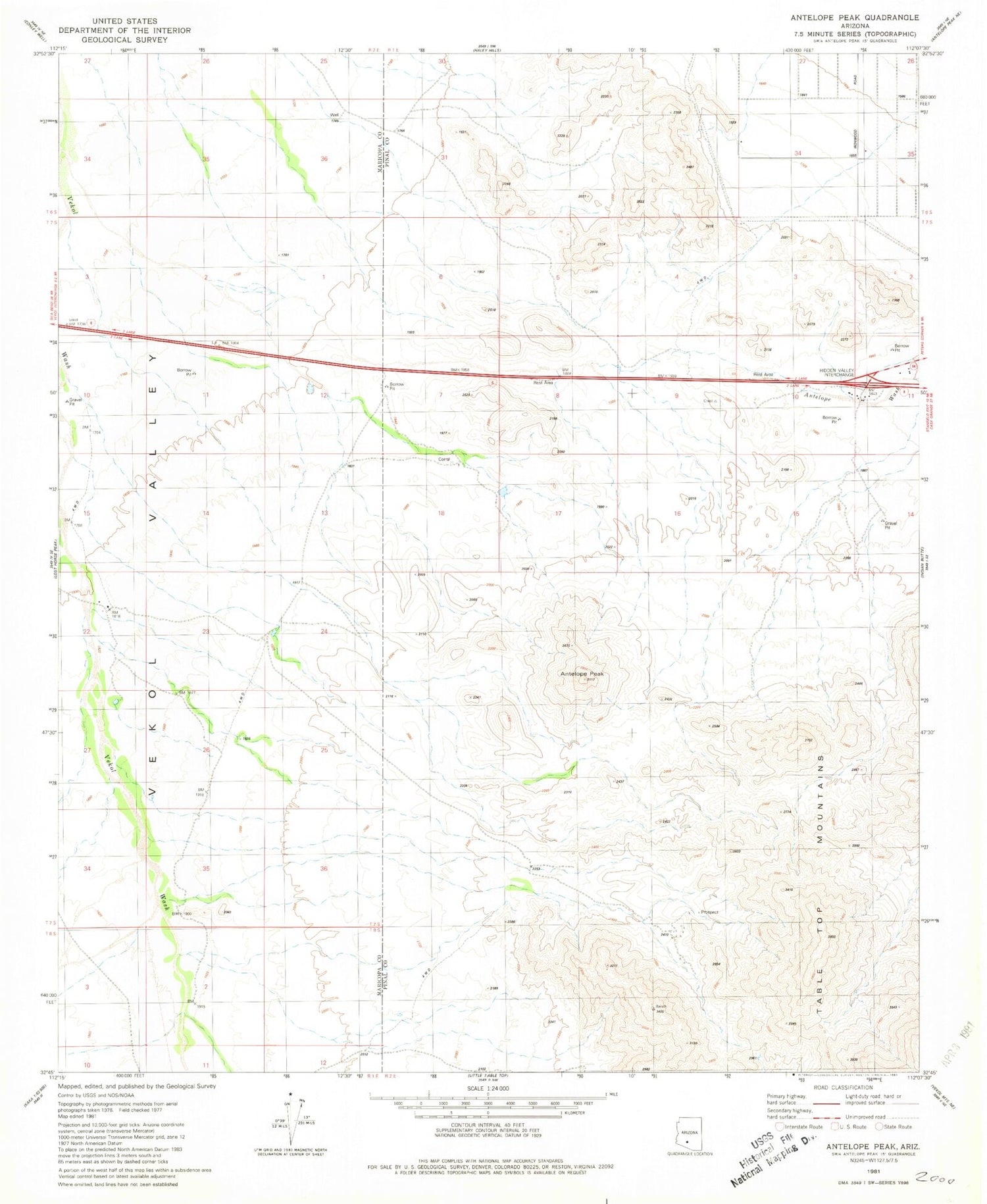Classic USGS Antelope Peak Arizona 7.5'x7.5' Topo Map Image