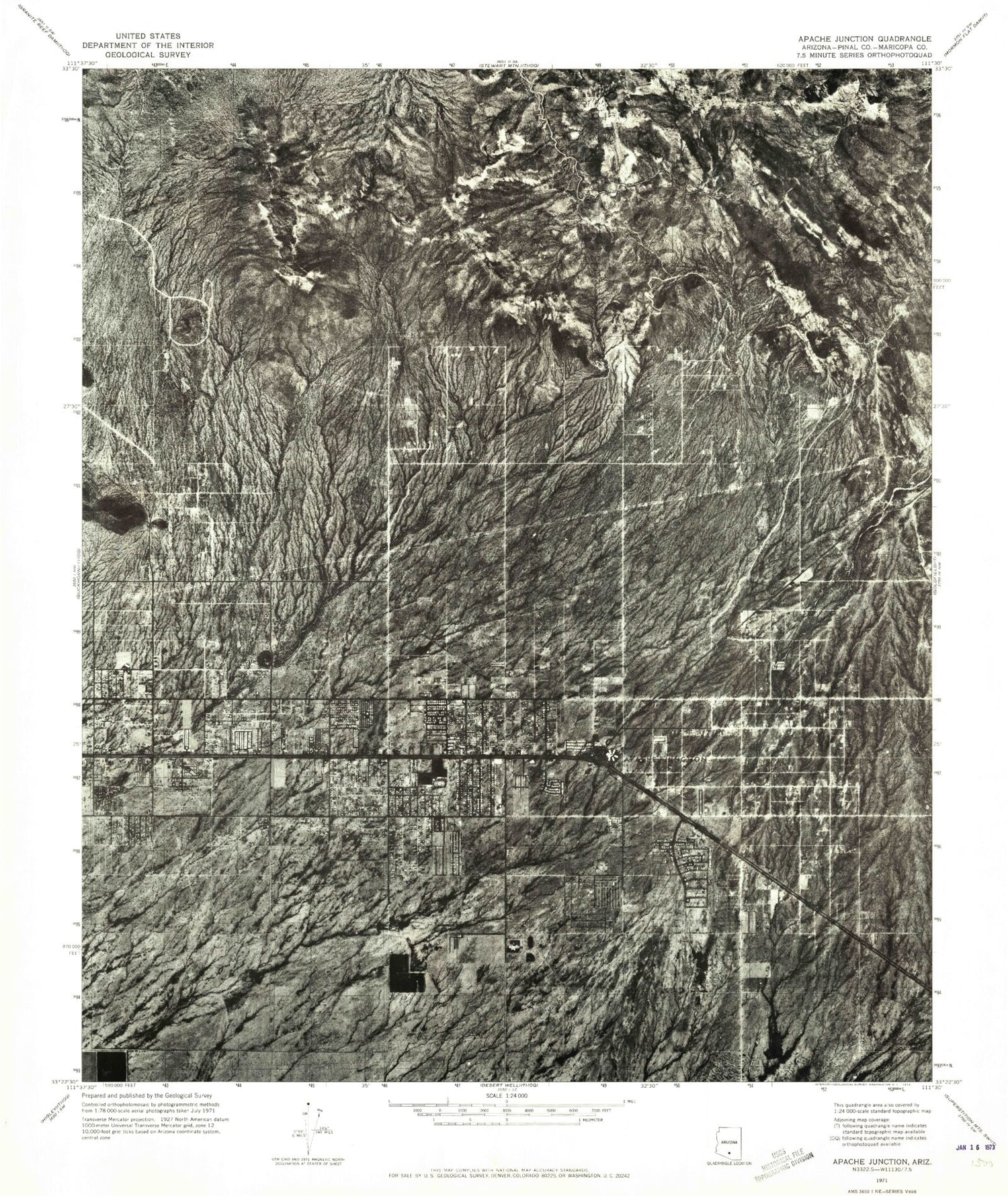 Classic USGS Apache Junction Arizona 7.5'x7.5' Topo Map Image