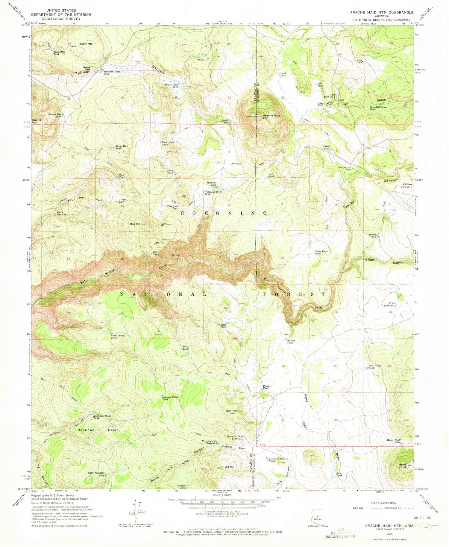 Classic USGS Apache Maid Mountain Arizona 7.5'x7.5' Topo Map Image