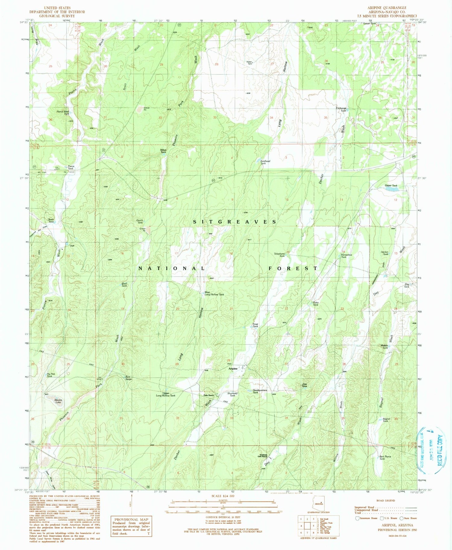 Classic USGS Aripine Arizona 7.5'x7.5' Topo Map Image