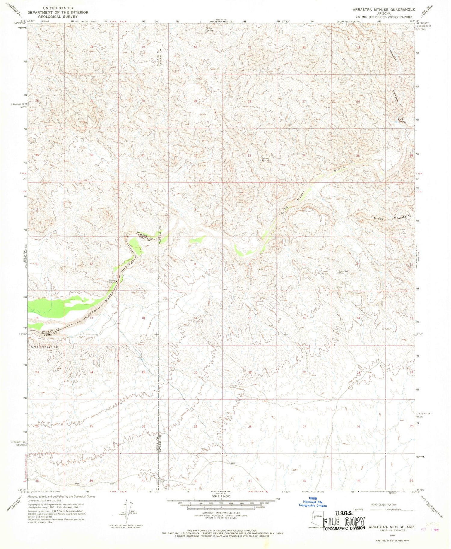 Classic USGS Arrastra Mountain SE Arizona 7.5'x7.5' Topo Map Image