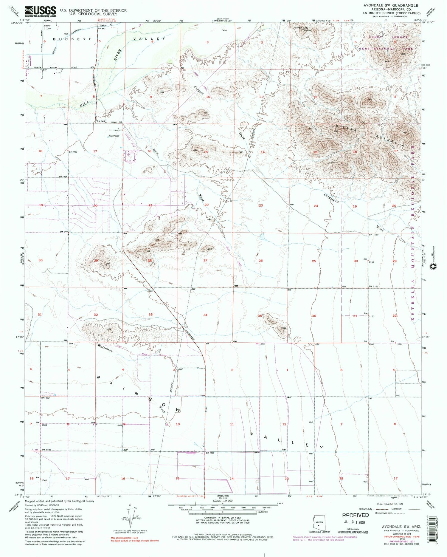 Classic USGS Avondale SW Arizona 7.5'x7.5' Topo Map Image