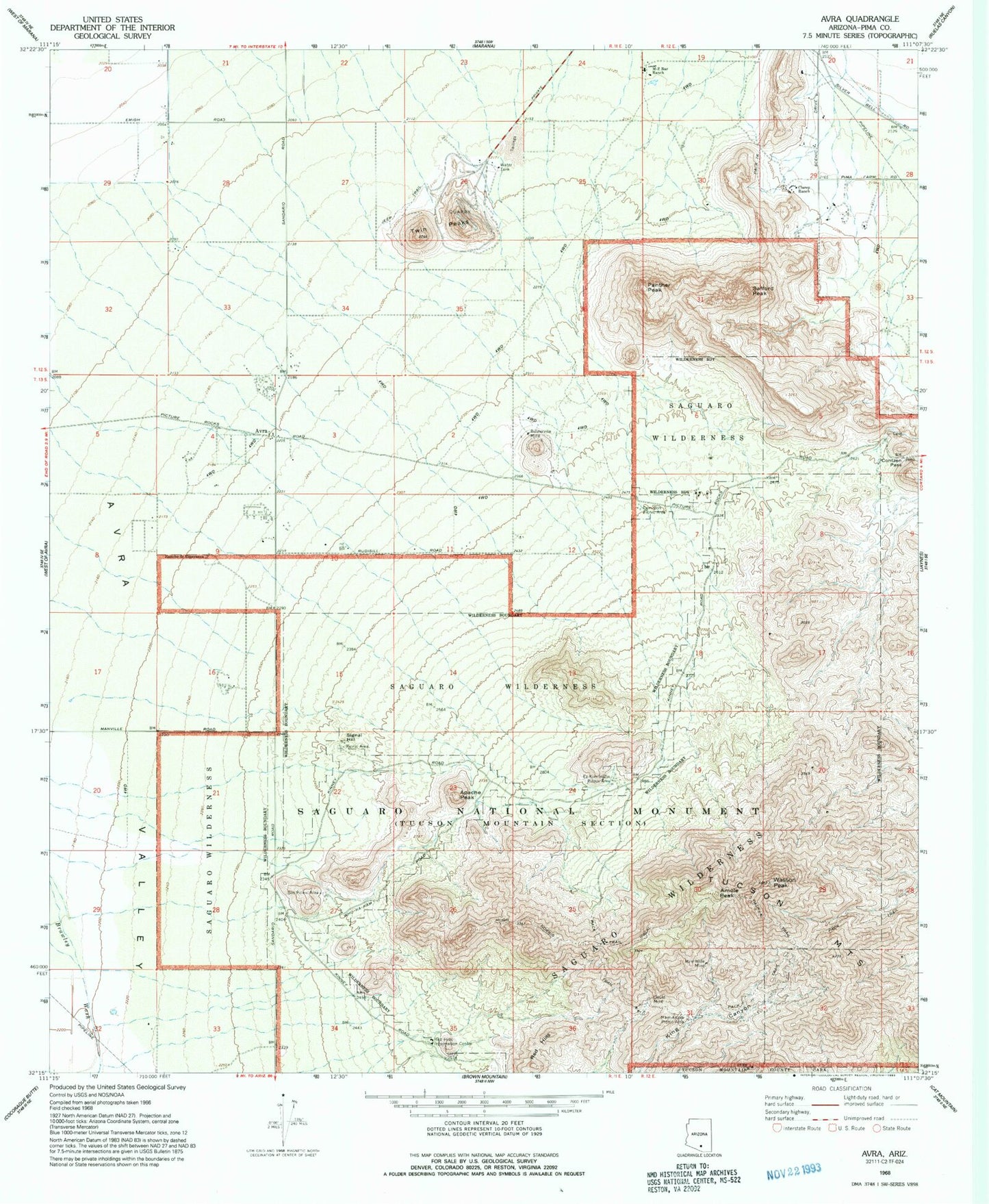 Classic USGS Avra Arizona 7.5'x7.5' Topo Map Image
