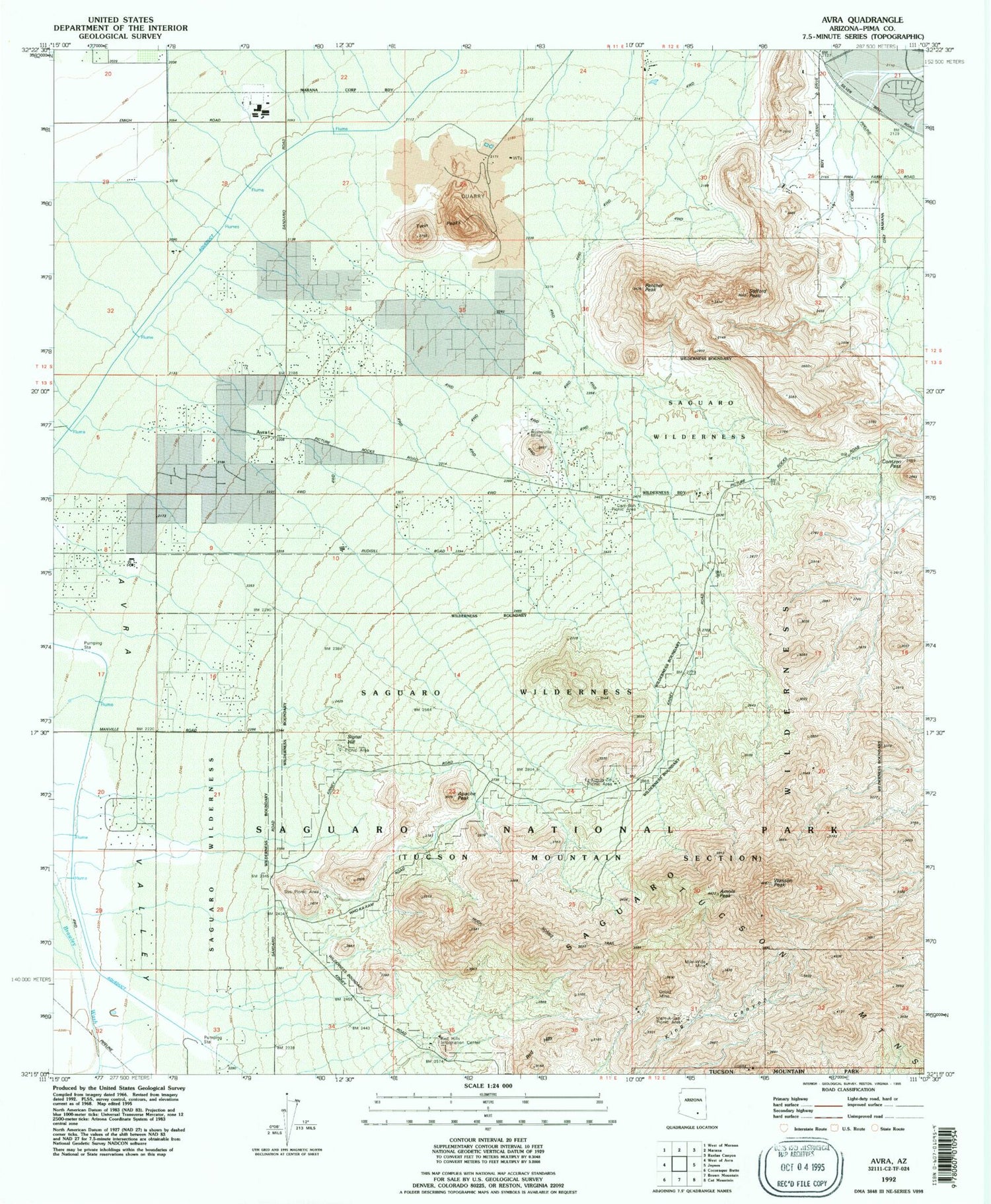 Classic USGS Avra Arizona 7.5'x7.5' Topo Map Image