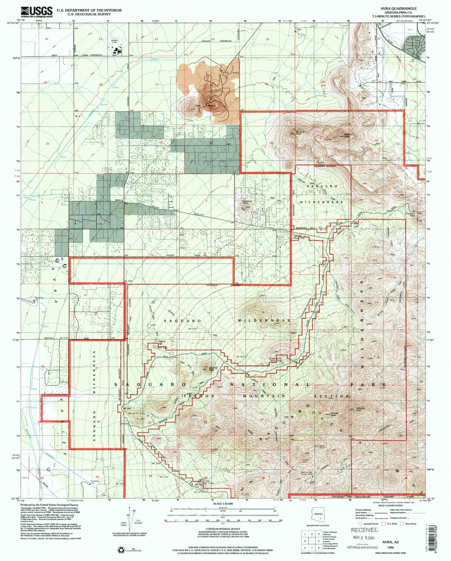 Classic USGS Avra Arizona 7.5'x7.5' Topo Map Image