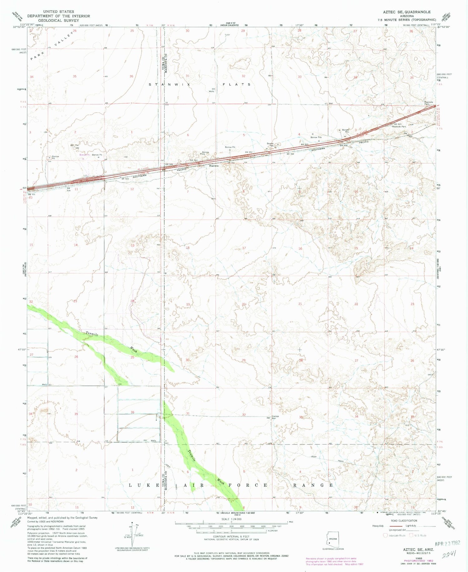 Classic USGS Aztec SE Arizona 7.5'x7.5' Topo Map Image