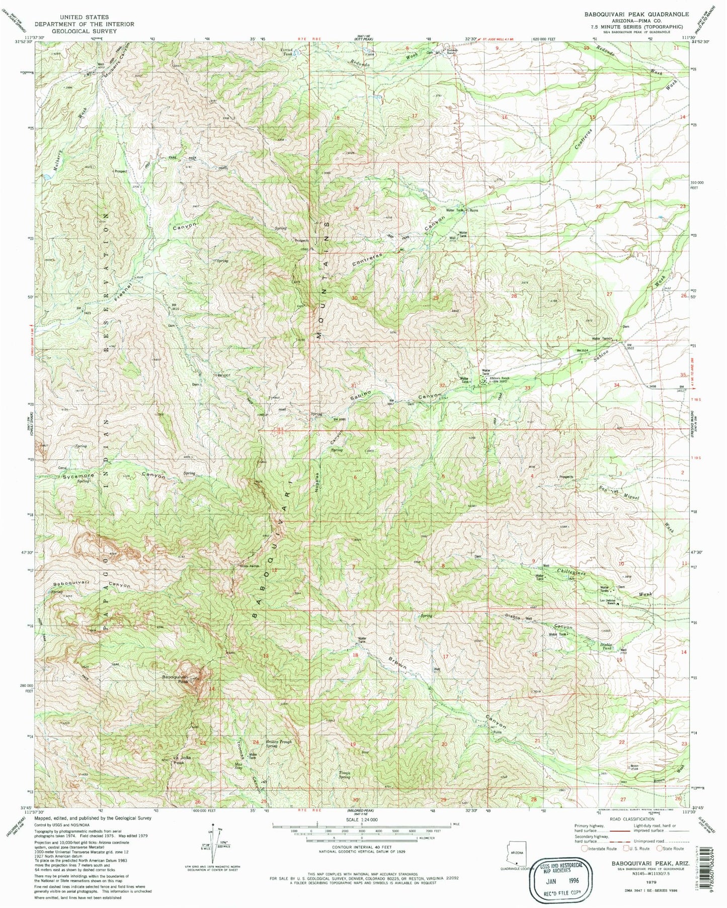 Classic USGS Baboquivari Peak Arizona 7.5'x7.5' Topo Map Image