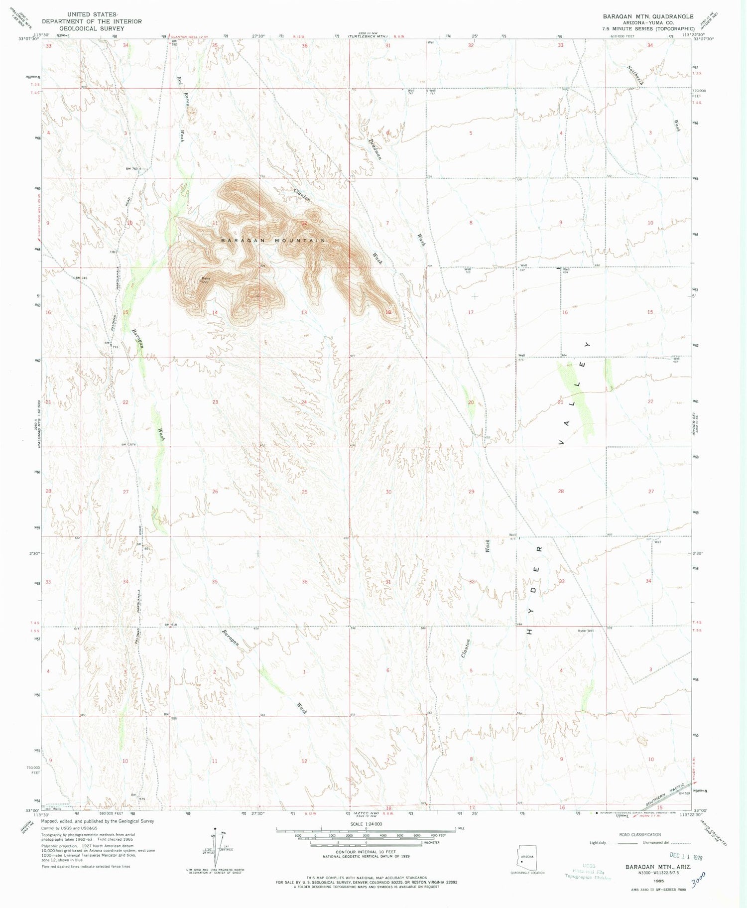 Classic USGS Baragan Mountain Arizona 7.5'x7.5' Topo Map Image