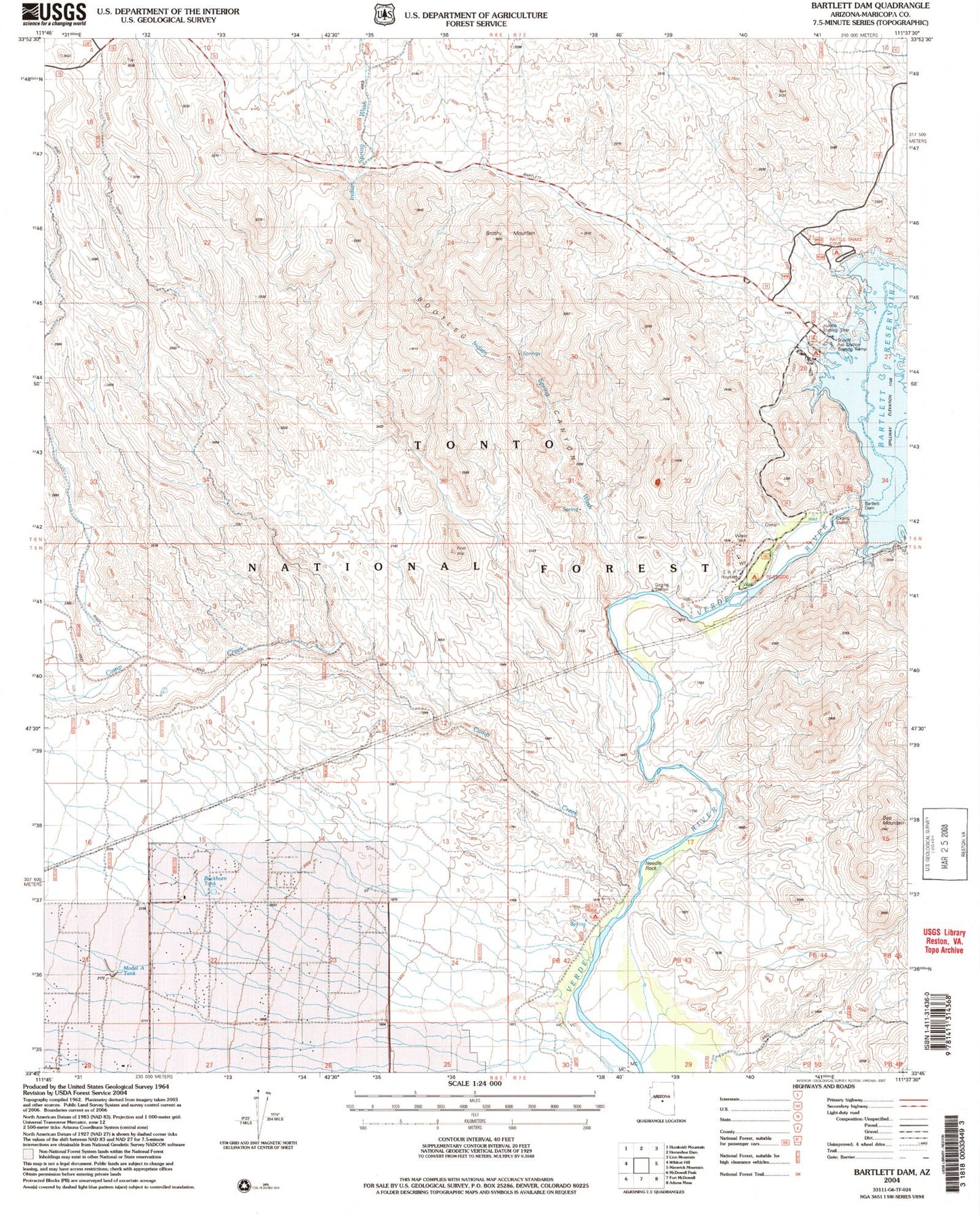Classic USGS Bartlett Dam Arizona 7.5'x7.5' Topo Map Image