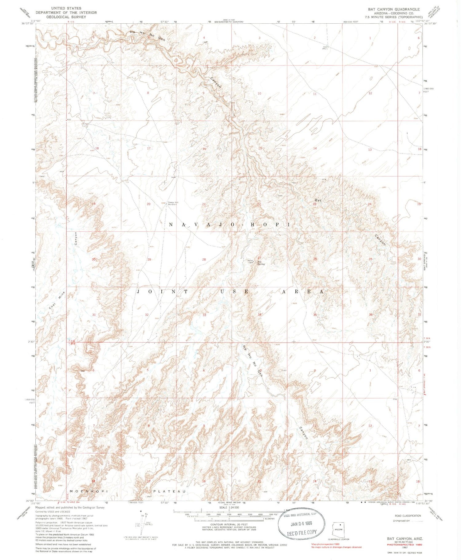Classic USGS Bat Canyon Arizona 7.5'x7.5' Topo Map Image