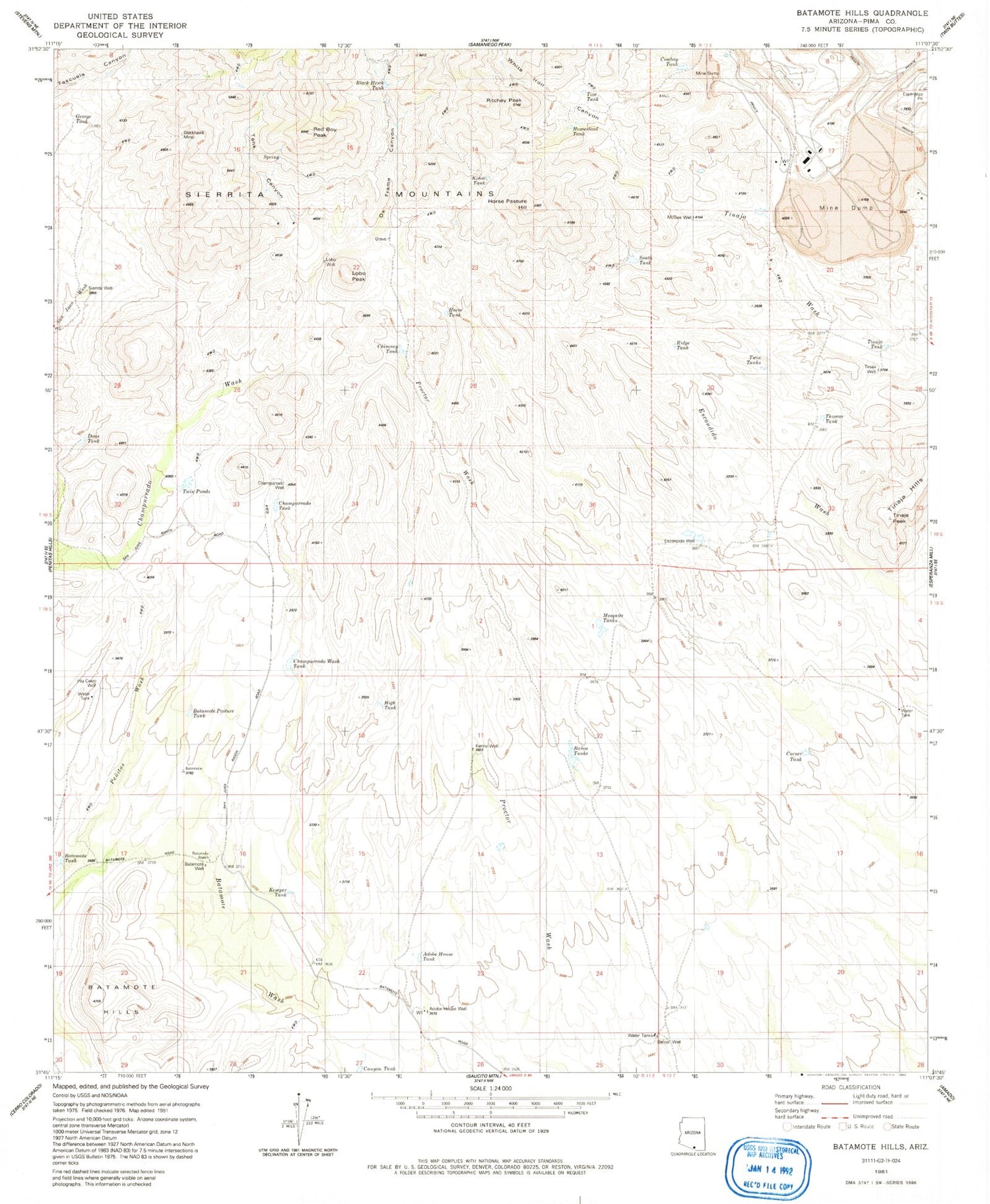 Classic USGS Batamote Hills Arizona 7.5'x7.5' Topo Map Image
