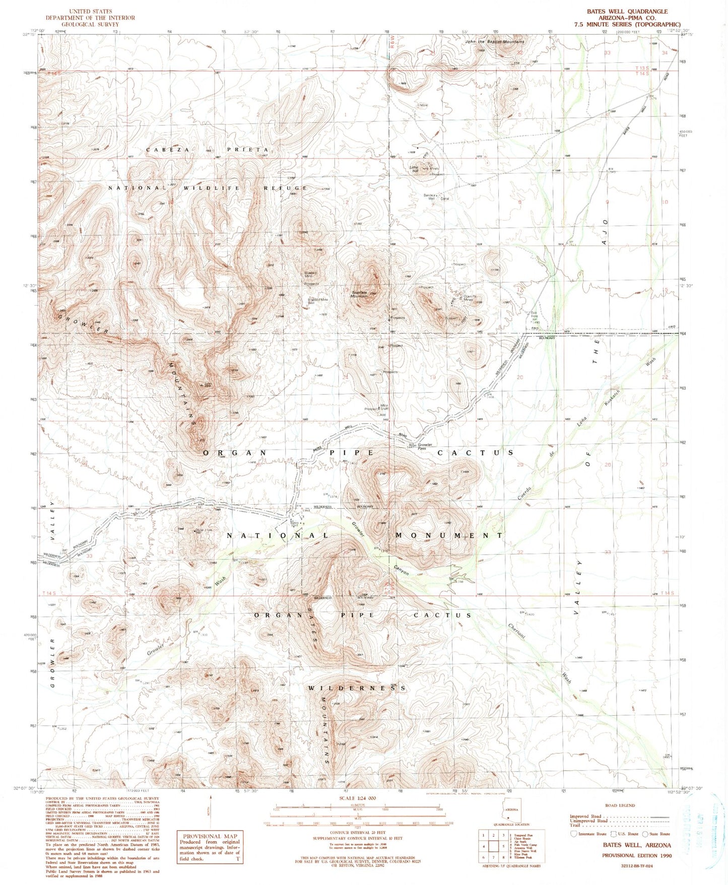 Classic USGS Bates Well Arizona 7.5'x7.5' Topo Map Image