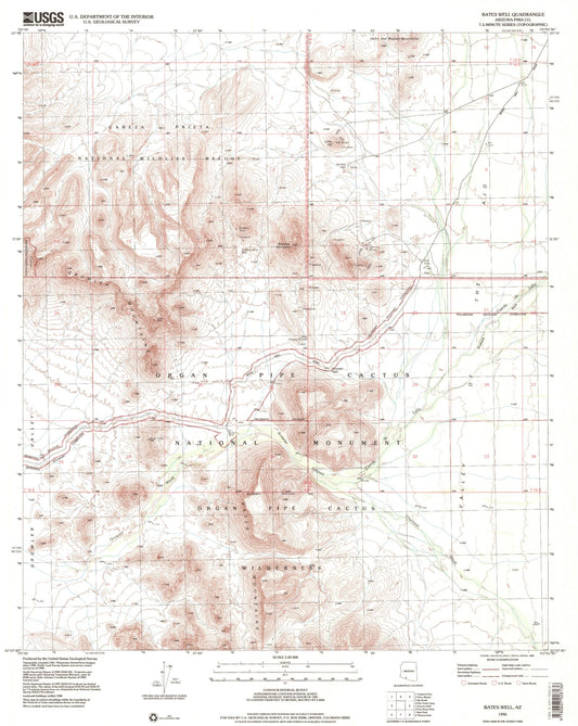 Classic USGS Bates Well Arizona 7.5'x7.5' Topo Map Image