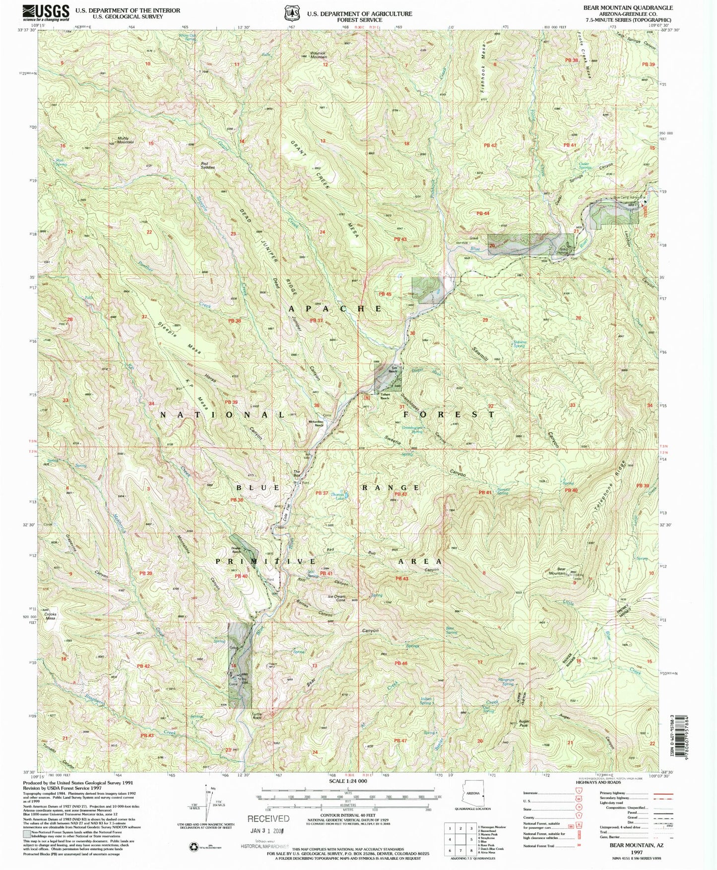 Classic USGS Bear Mountain Arizona 7.5'x7.5' Topo Map Image