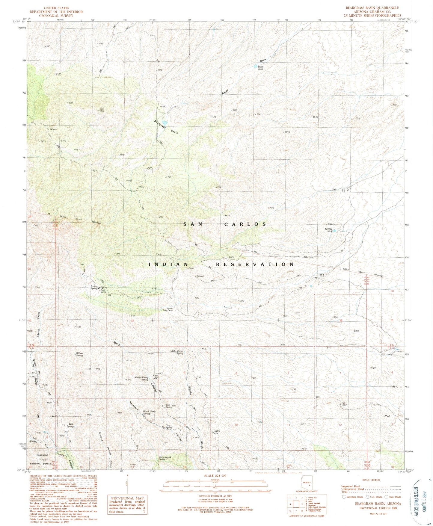 Classic USGS Beargrass Basin Arizona 7.5'x7.5' Topo Map Image