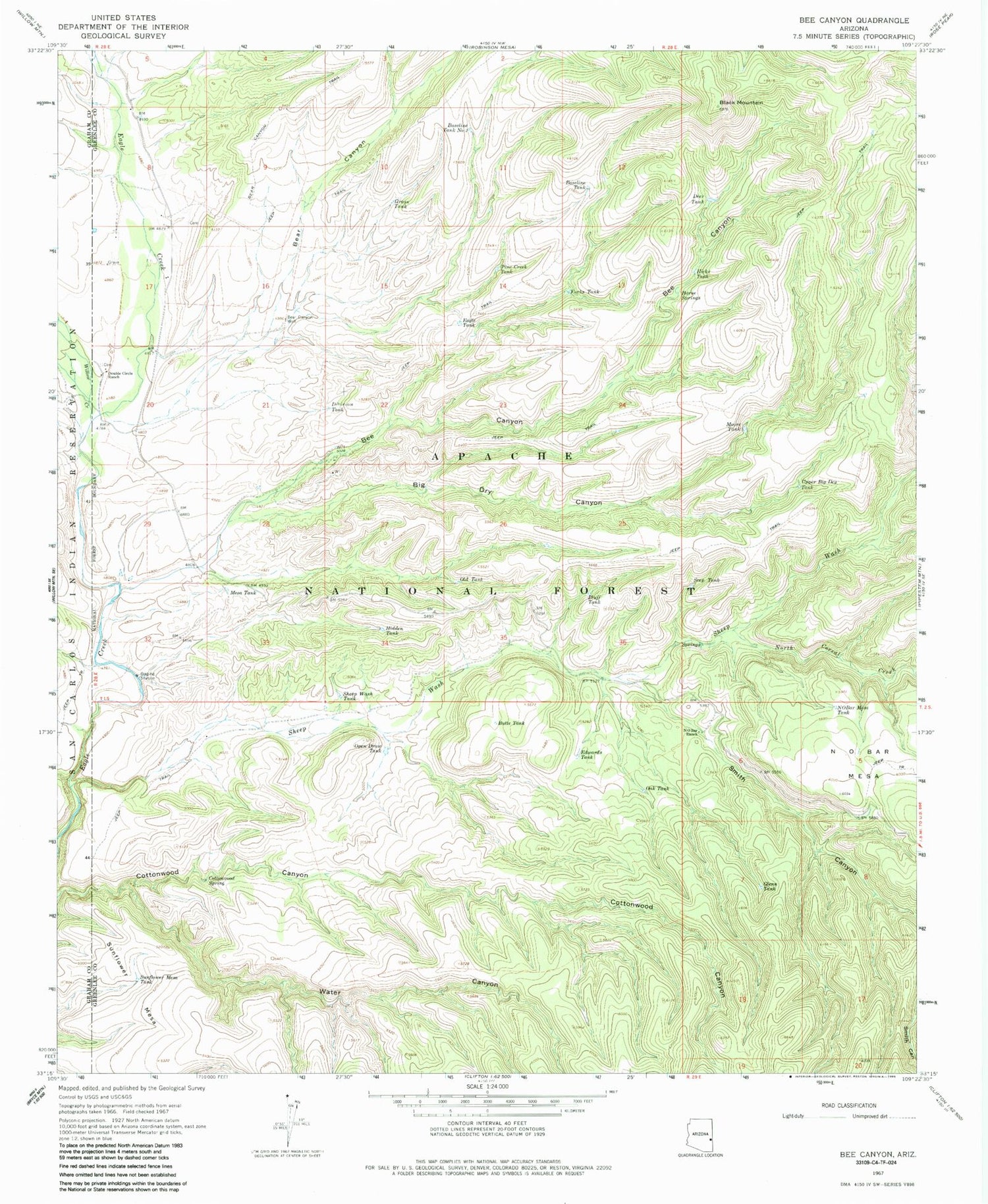Classic USGS Bee Canyon Arizona 7.5'x7.5' Topo Map Image