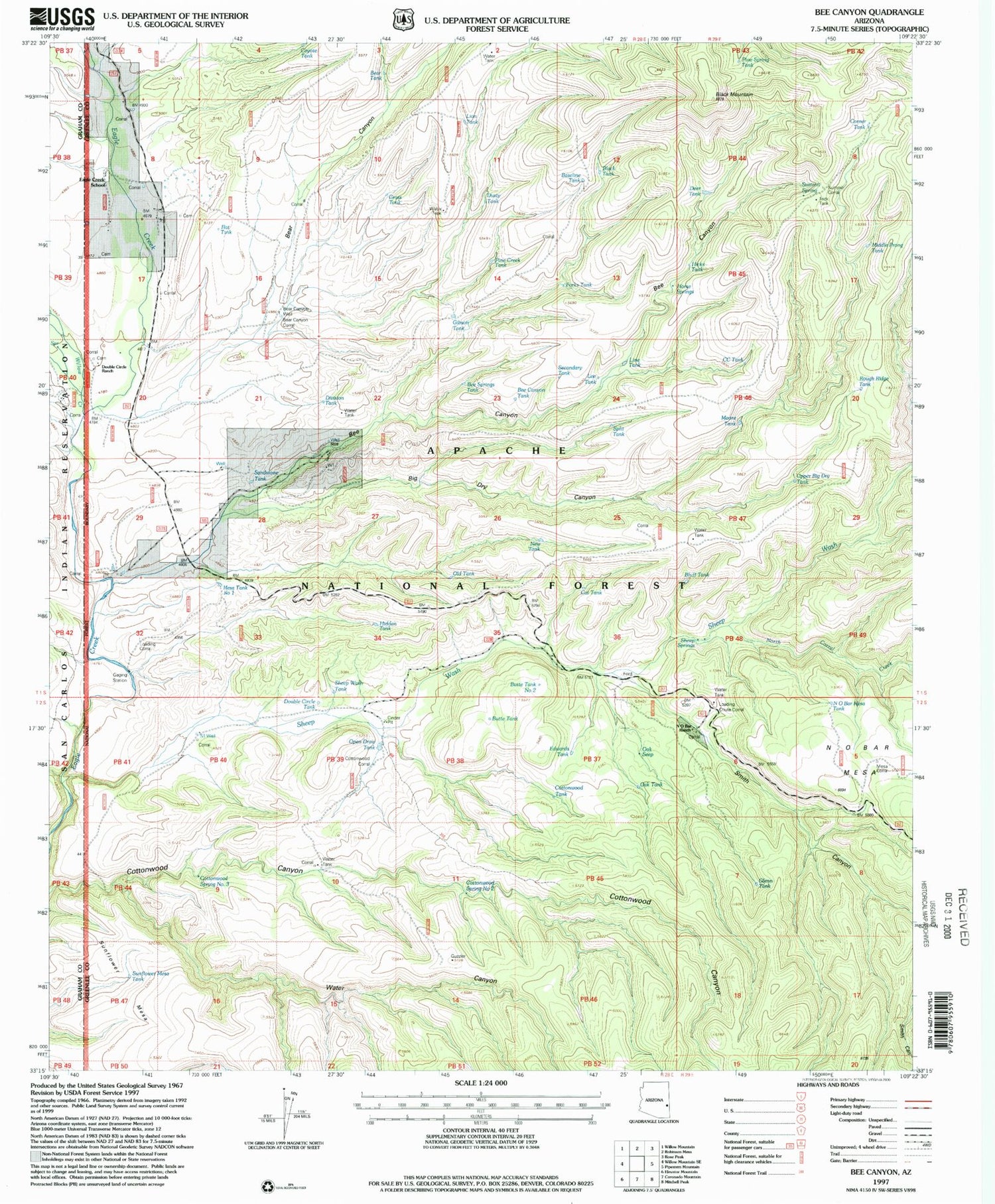 Classic USGS Bee Canyon Arizona 7.5'x7.5' Topo Map Image