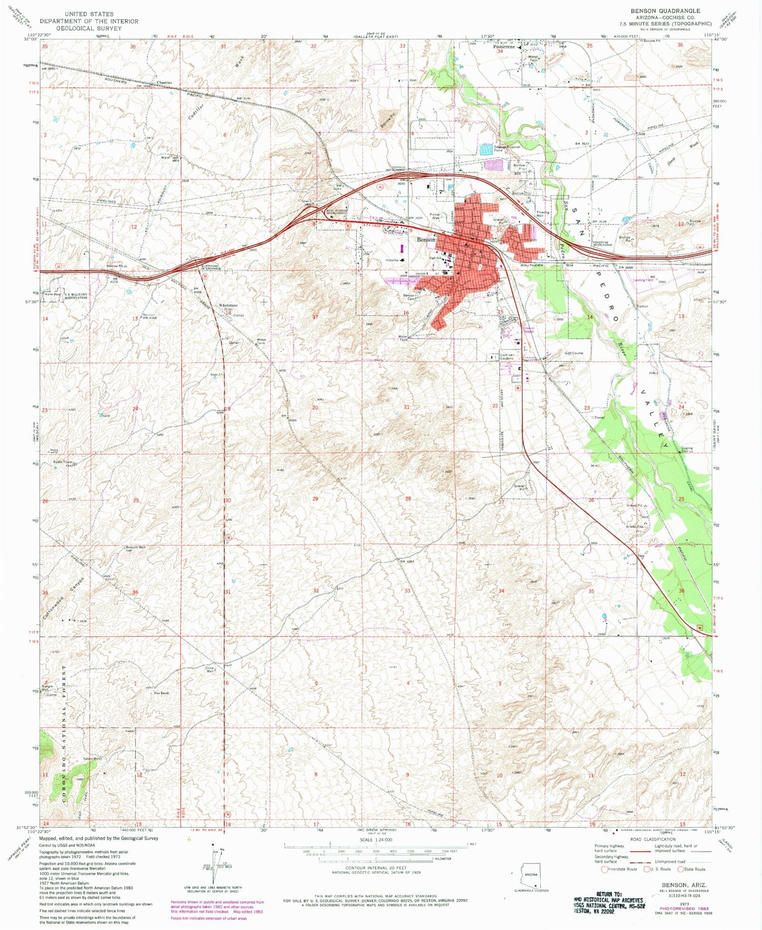 Classic USGS Benson Arizona 7.5'x7.5' Topo Map Image