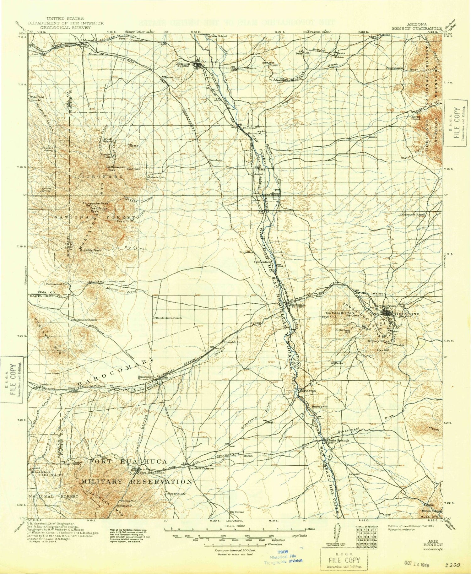 Historic 1915 Benson Arizona 30'x30' Topo Map Image