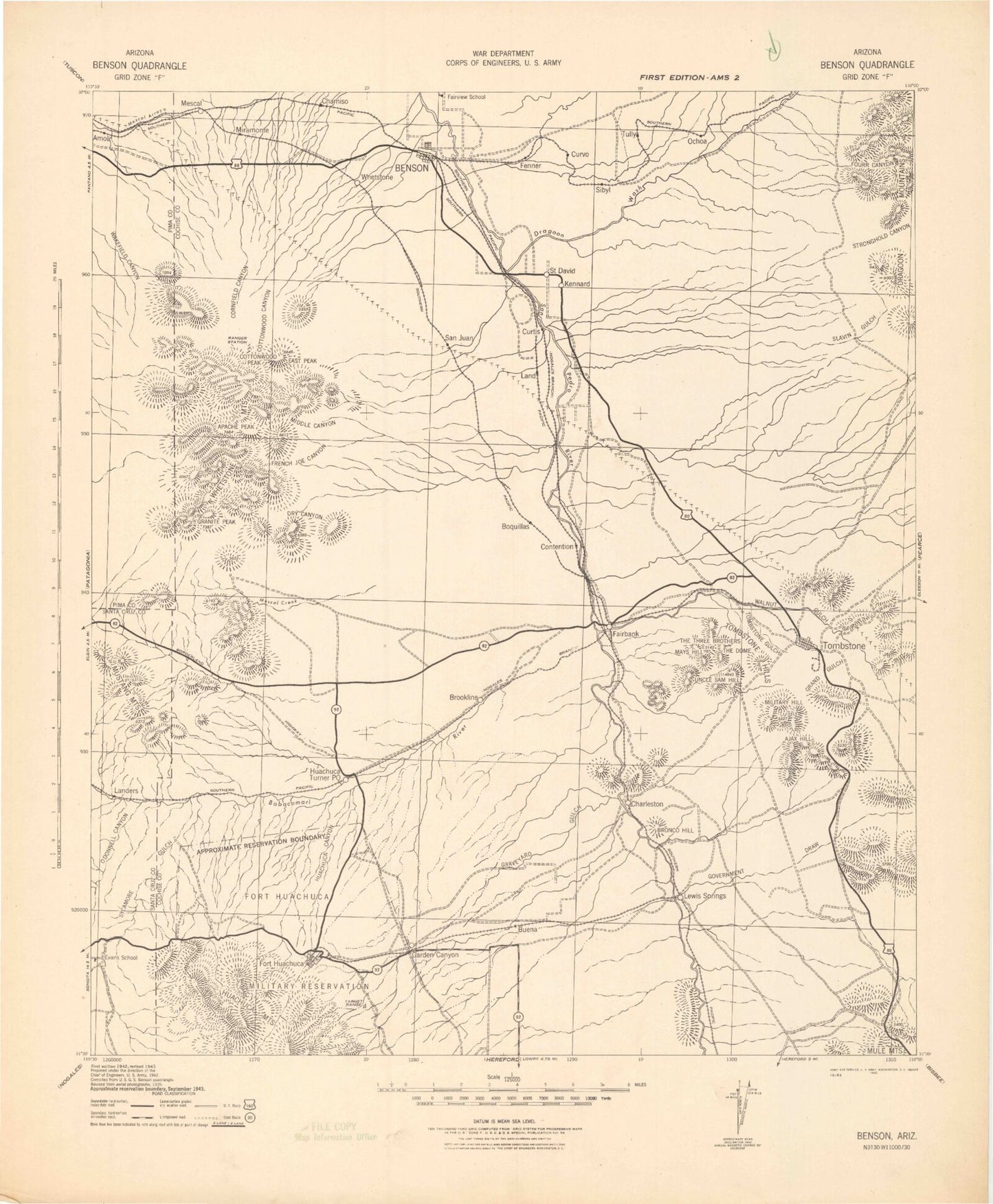 Historic 1943 Benson Arizona 30'x30' Topo Map Image
