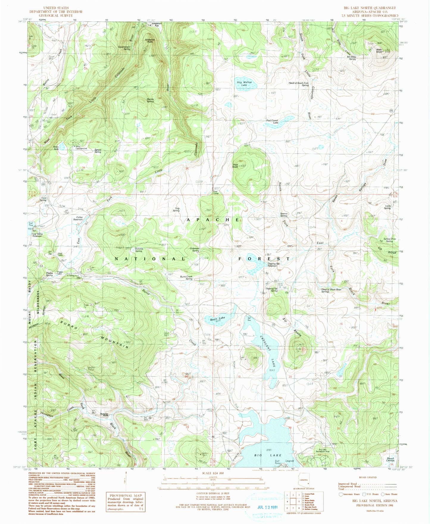 Classic USGS Big Lake North Arizona 7.5'x7.5' Topo Map Image