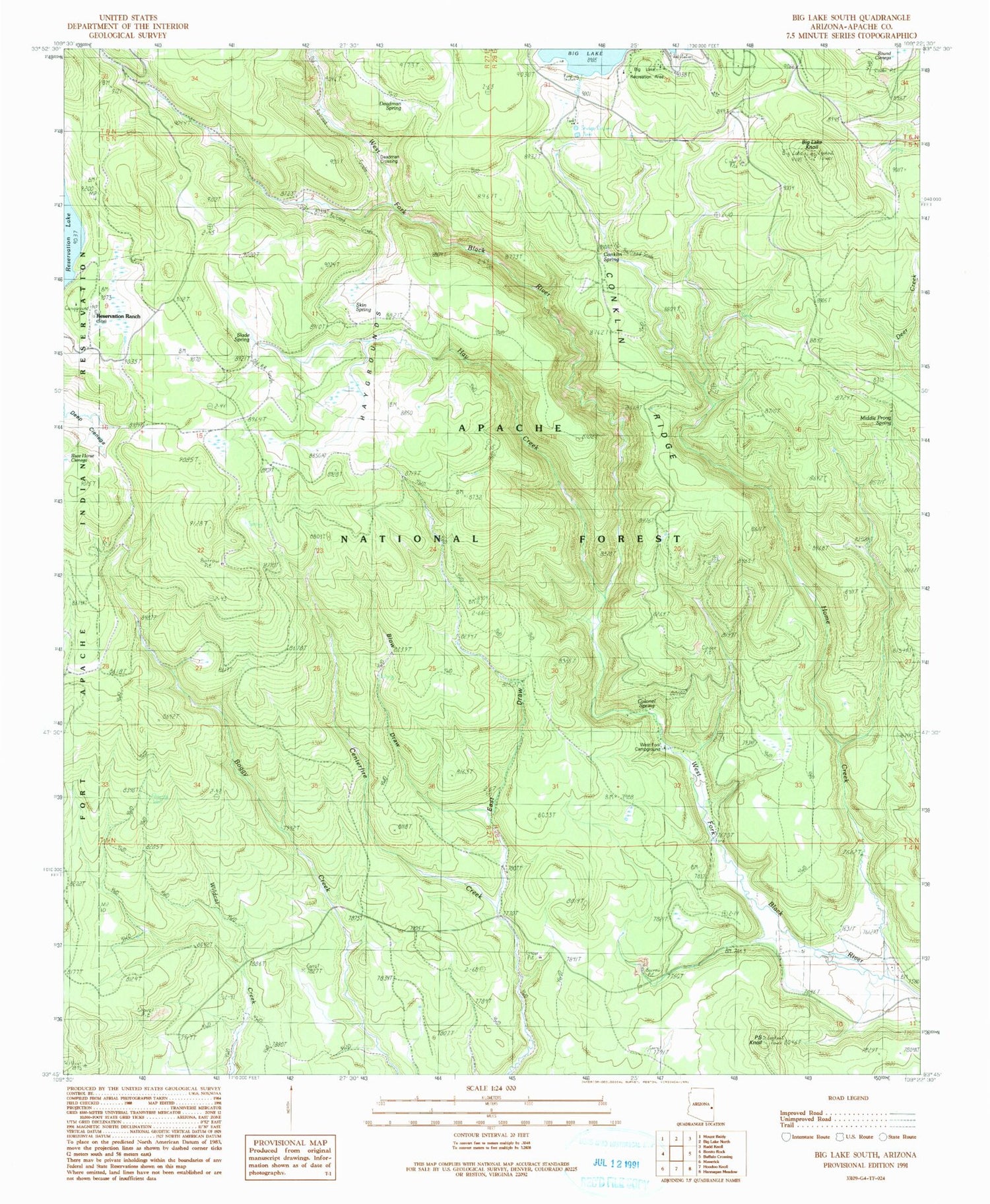 Classic USGS Big Lake South Arizona 7.5'x7.5' Topo Map Image