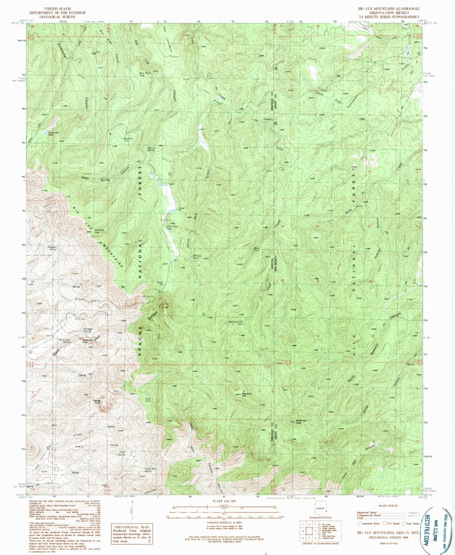 Classic USGS Big Lue Mountains Arizona 7.5'x7.5' Topo Map Image