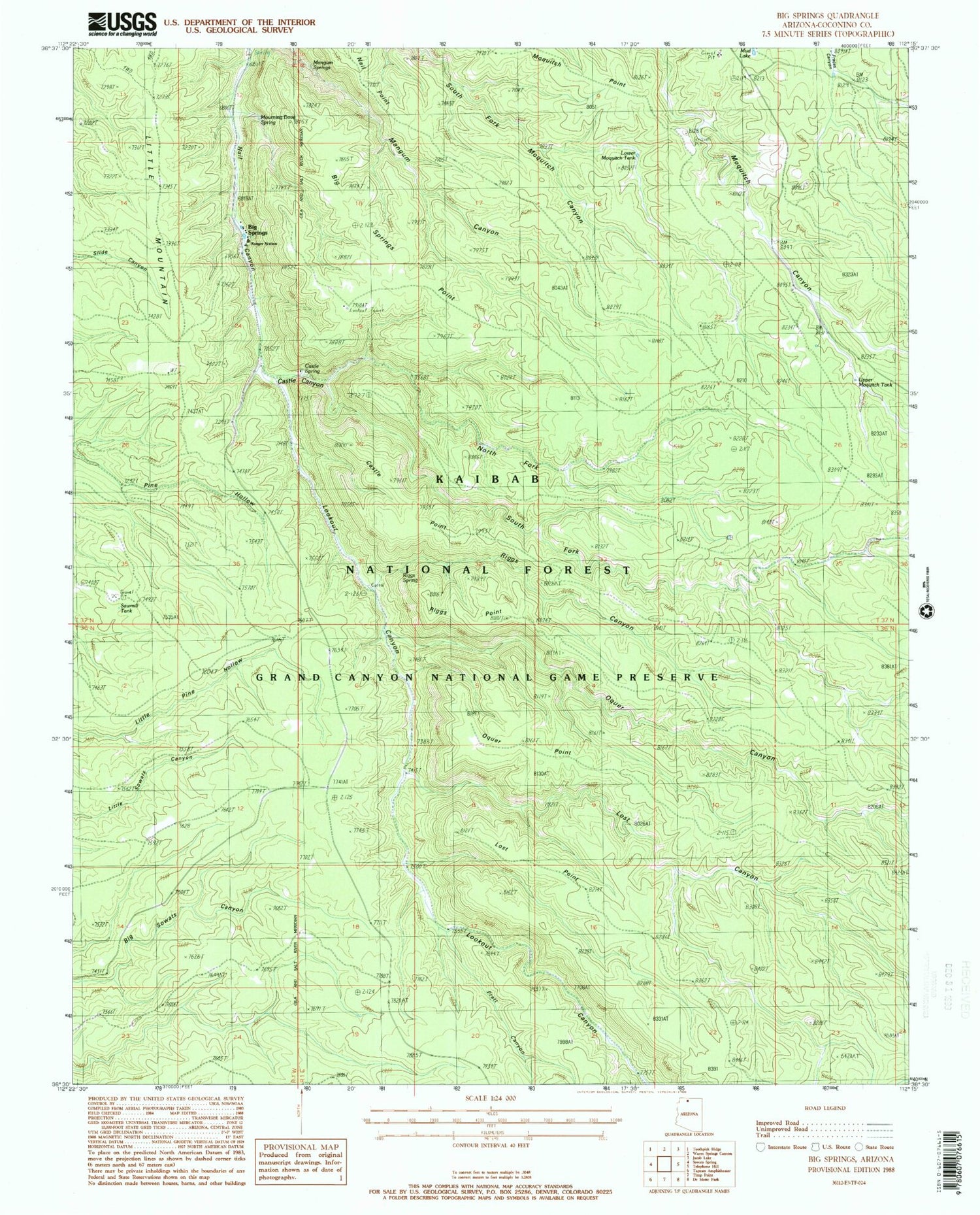 Classic USGS Big Springs Arizona 7.5'x7.5' Topo Map Image