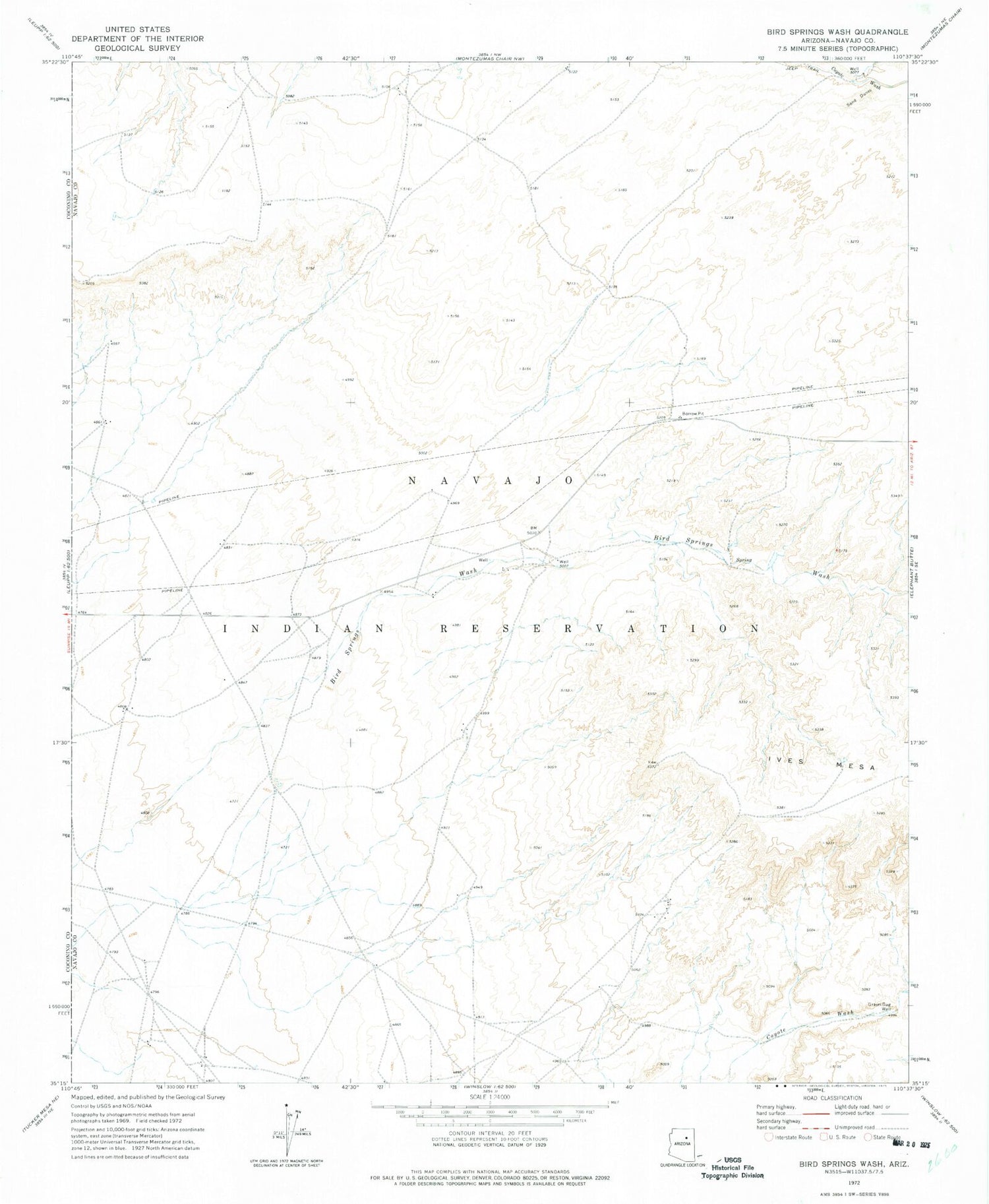 Classic USGS Bird Springs Wash Arizona 7.5'x7.5' Topo Map Image