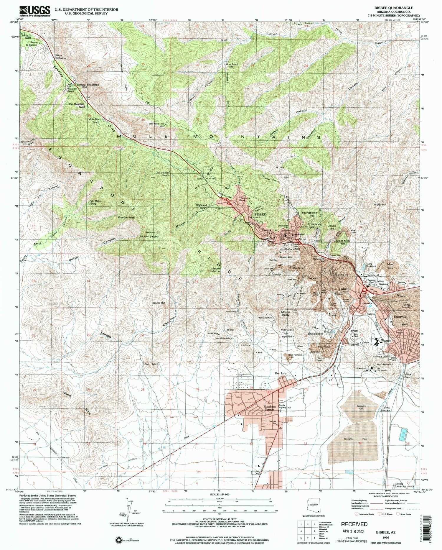 Classic USGS Bisbee Arizona 7.5'x7.5' Topo Map Image