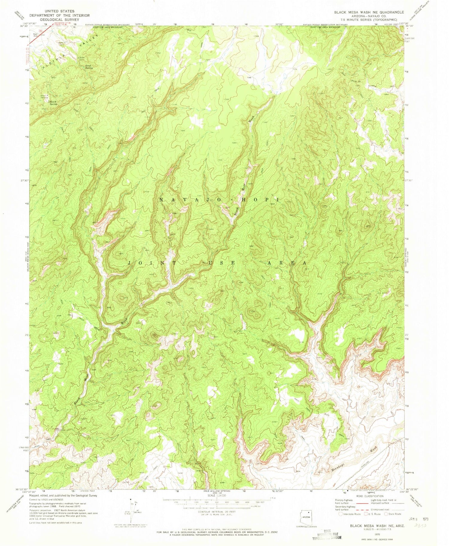 Classic USGS Black Mesa Wash NE Arizona 7.5'x7.5' Topo Map Image