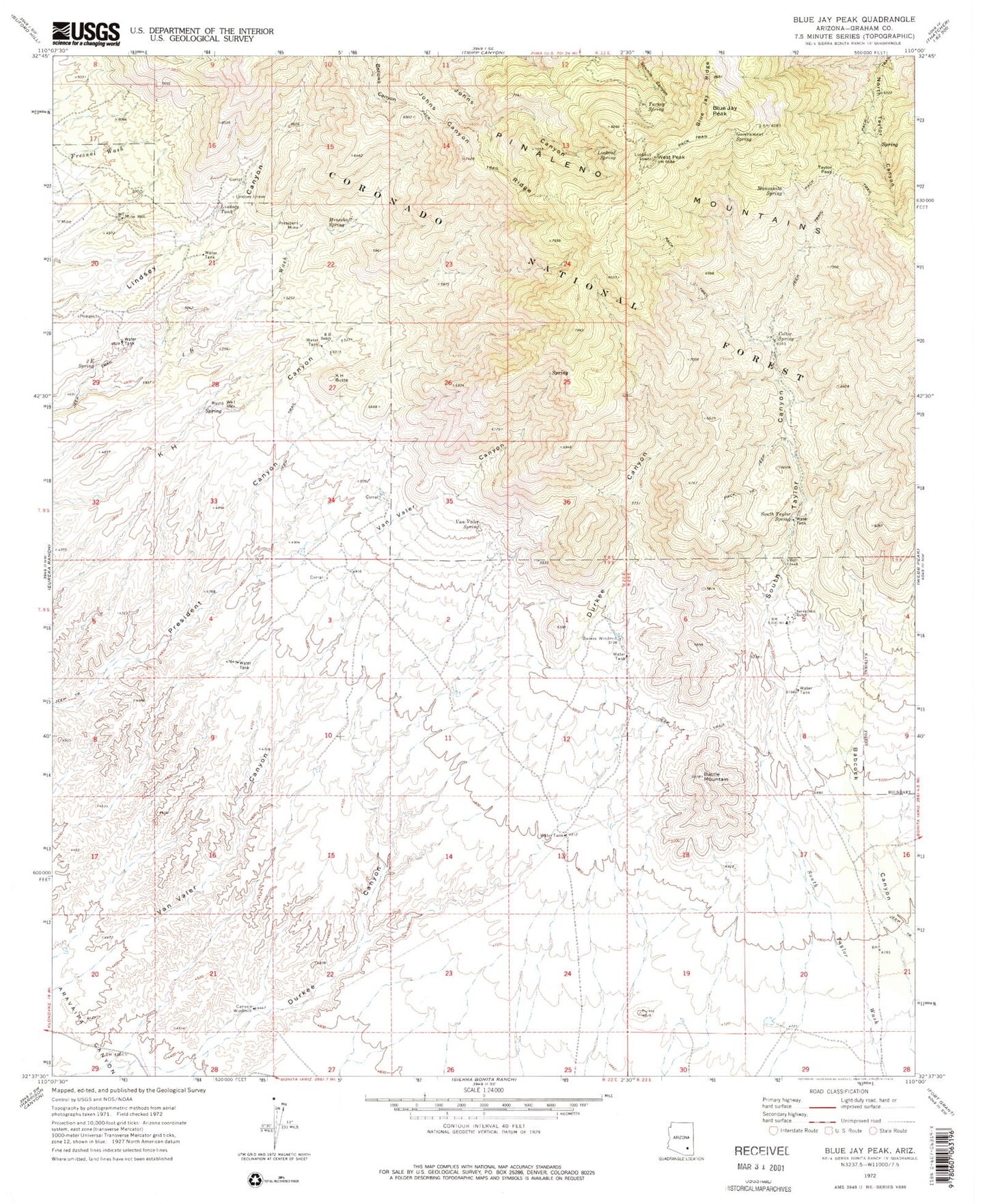 Classic USGS Blue Jay Peak Arizona 7.5'x7.5' Topo Map Image