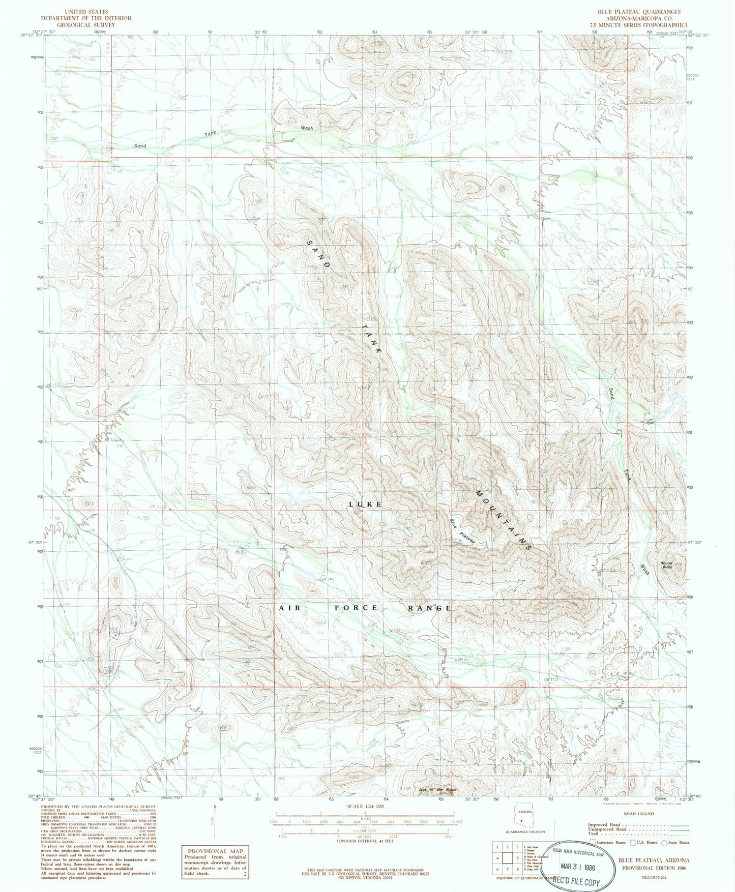 Classic USGS Blue Plateau Arizona 7.5'x7.5' Topo Map Image