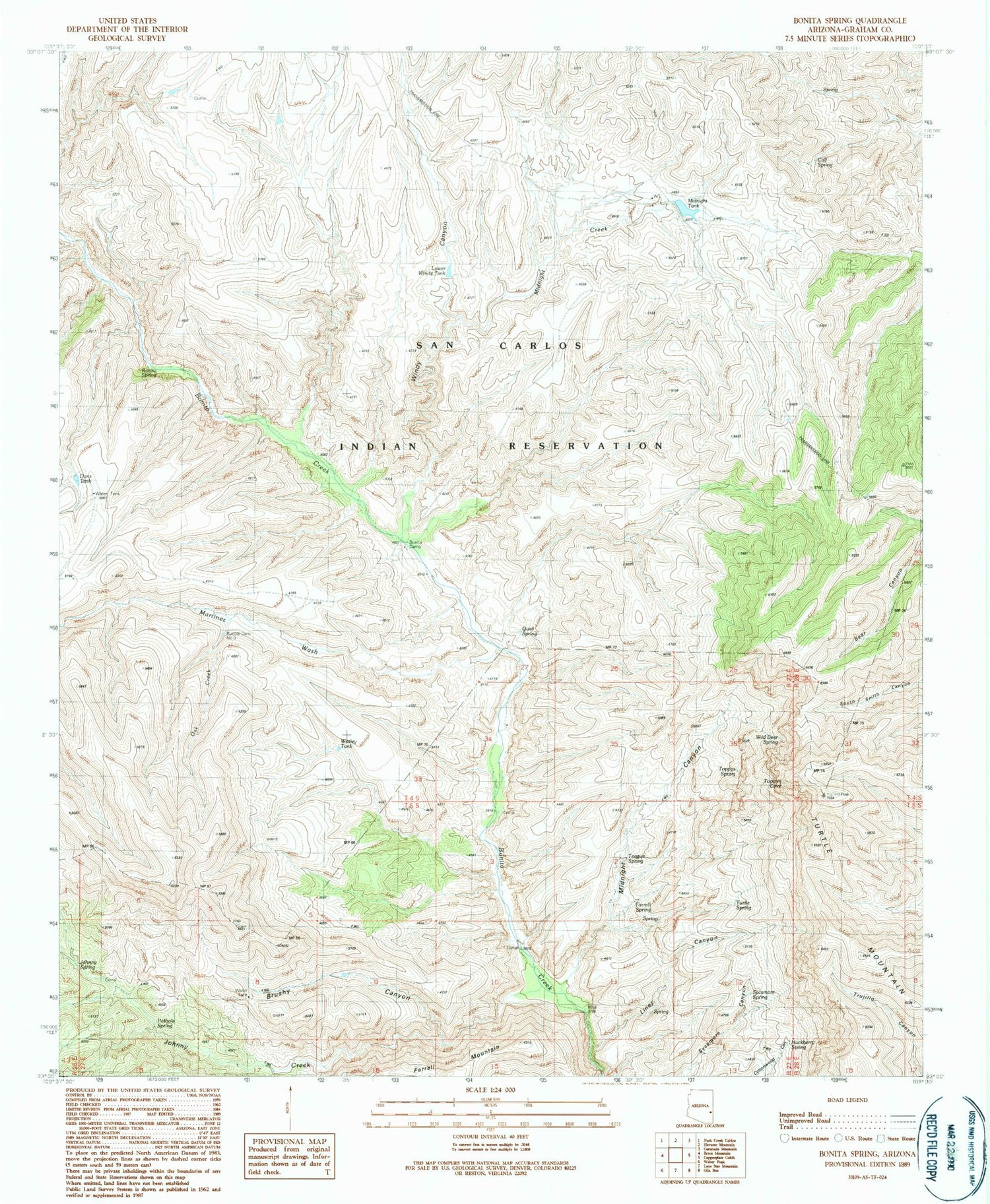 Classic USGS Bonita Spring Arizona 7.5'x7.5' Topo Map Image