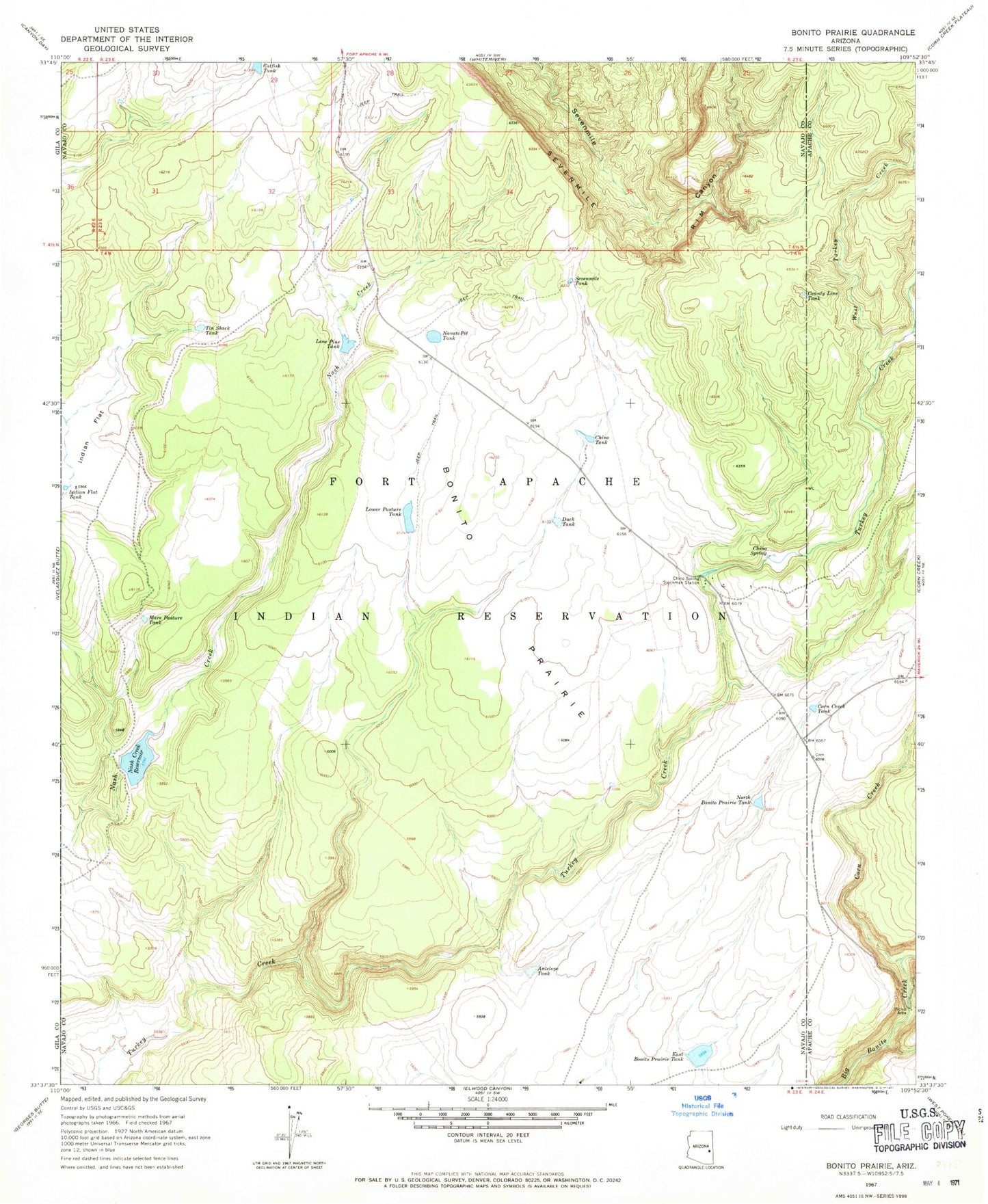 Classic USGS Bonito Prairie Arizona 7.5'x7.5' Topo Map Image