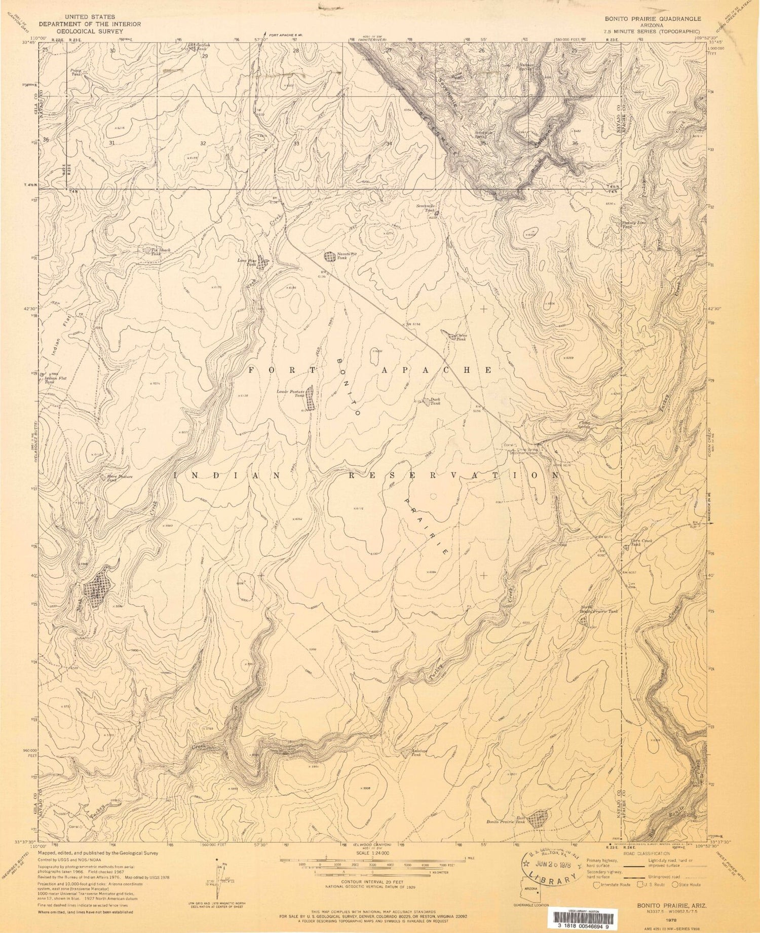 Classic USGS Bonito Prairie Arizona 7.5'x7.5' Topo Map Image