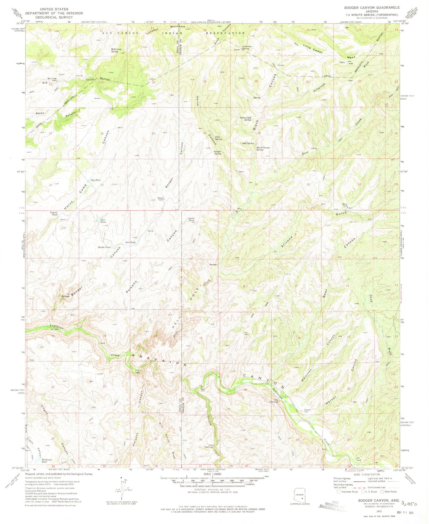 Classic USGS Booger Canyon Arizona 7.5'x7.5' Topo Map Image