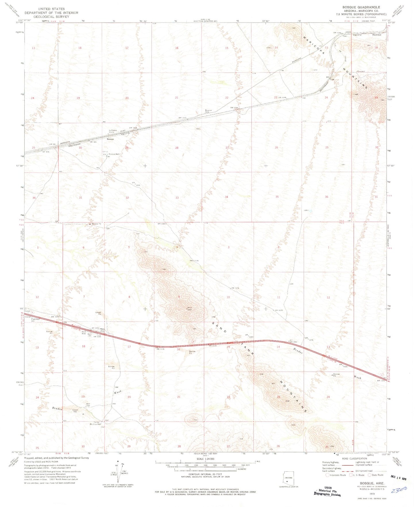 Classic USGS Bosque Arizona 7.5'x7.5' Topo Map Image