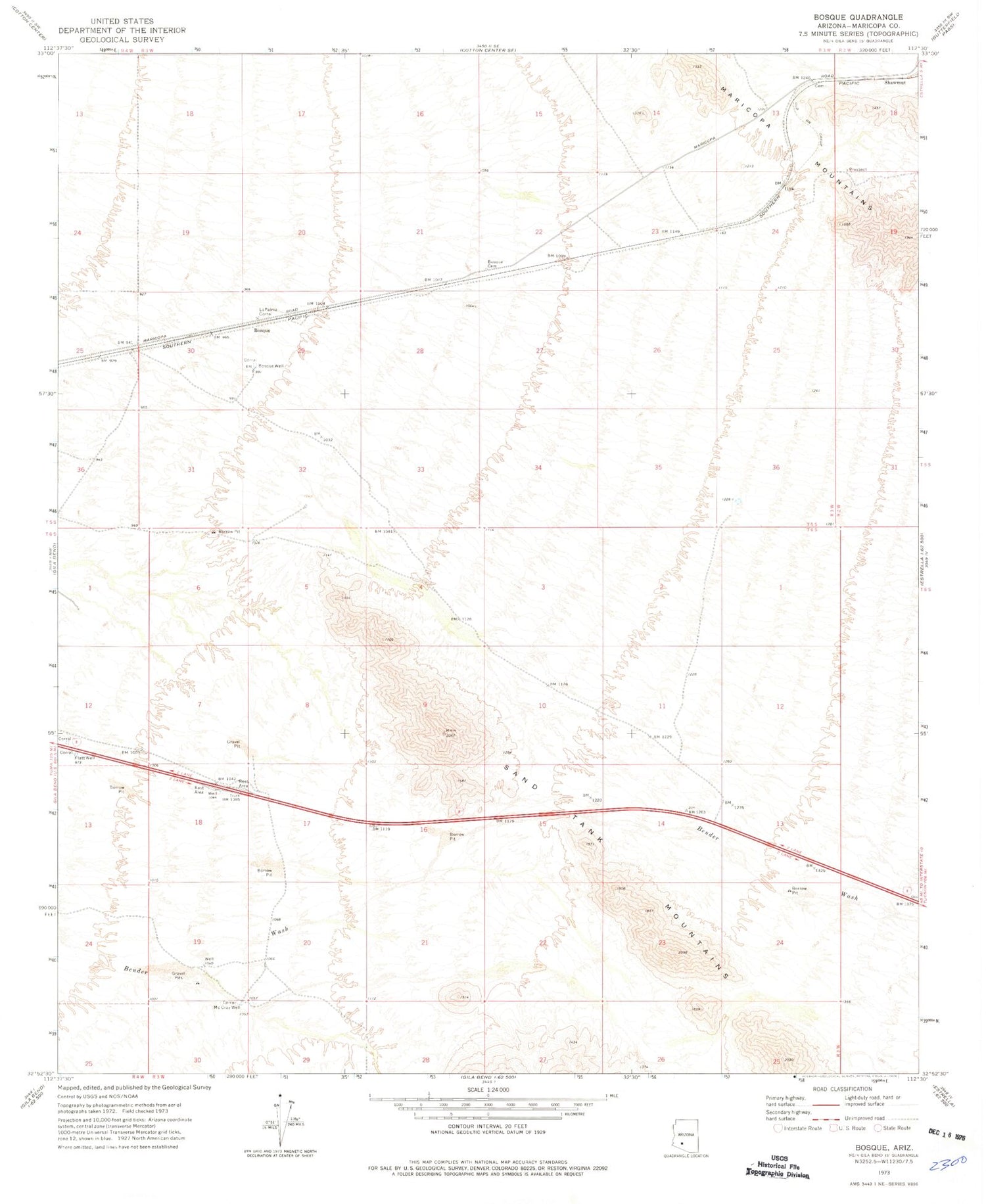 Classic USGS Bosque Arizona 7.5'x7.5' Topo Map Image