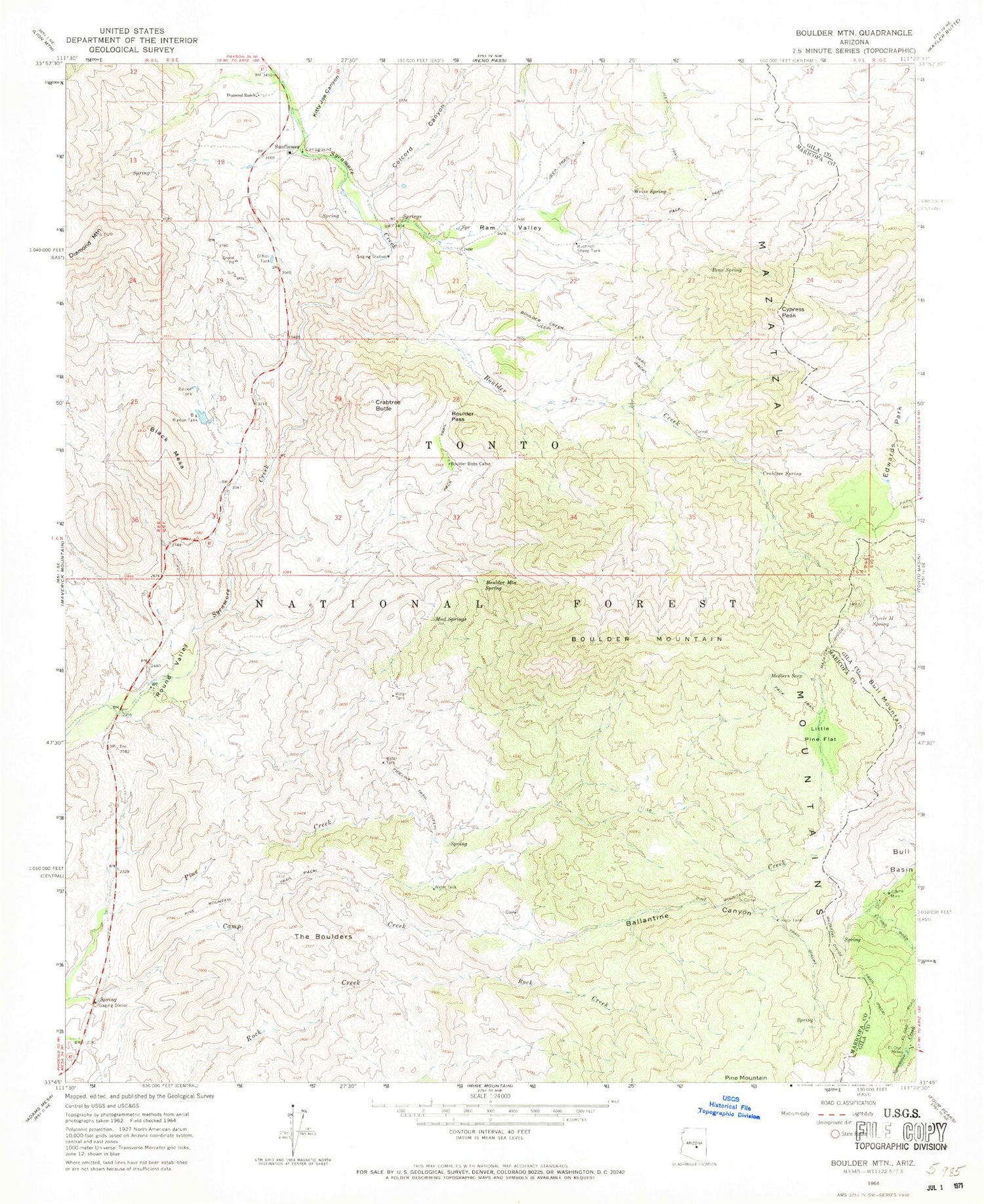 Classic USGS Boulder Mountain Arizona 7.5'x7.5' Topo Map Image