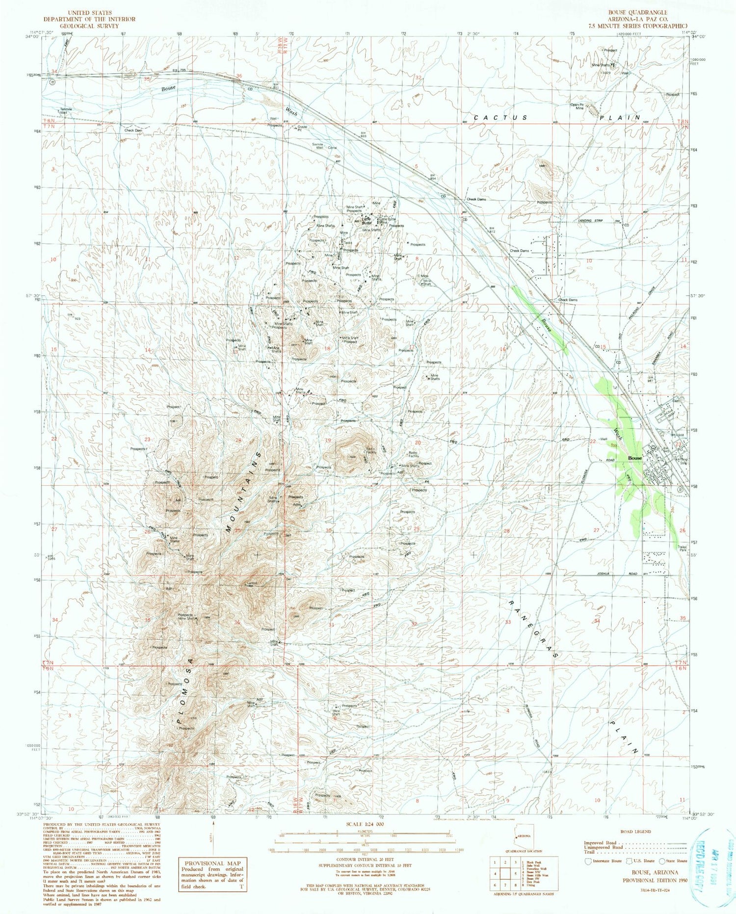 Classic USGS Bouse Arizona 7.5'x7.5' Topo Map Image