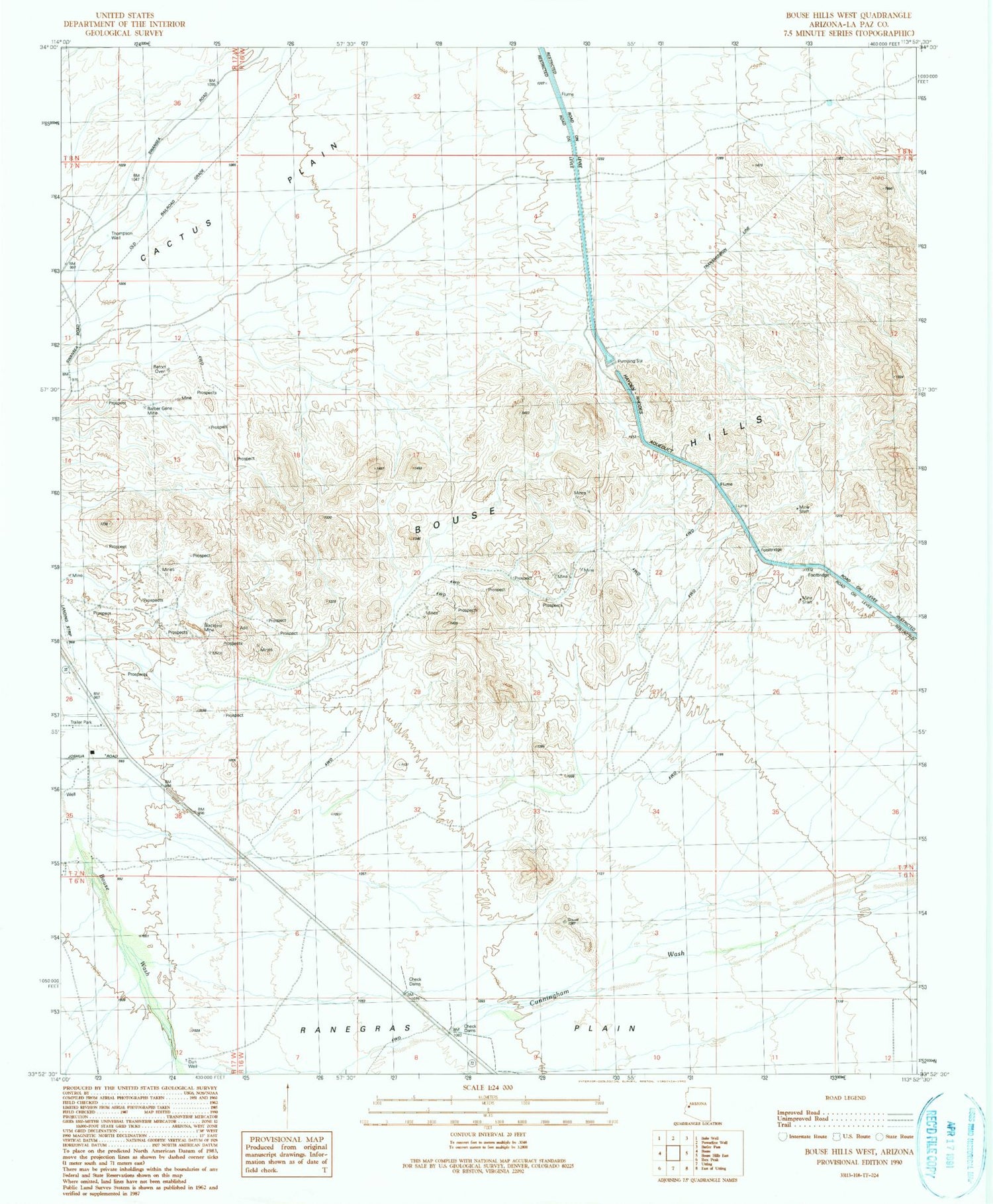 Classic USGS Bouse Hills West Arizona 7.5'x7.5' Topo Map Image