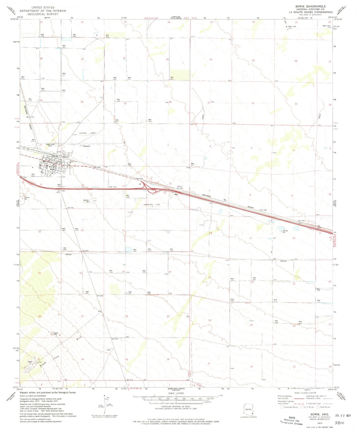 Classic USGS Bowie Arizona 7.5'x7.5' Topo Map Image