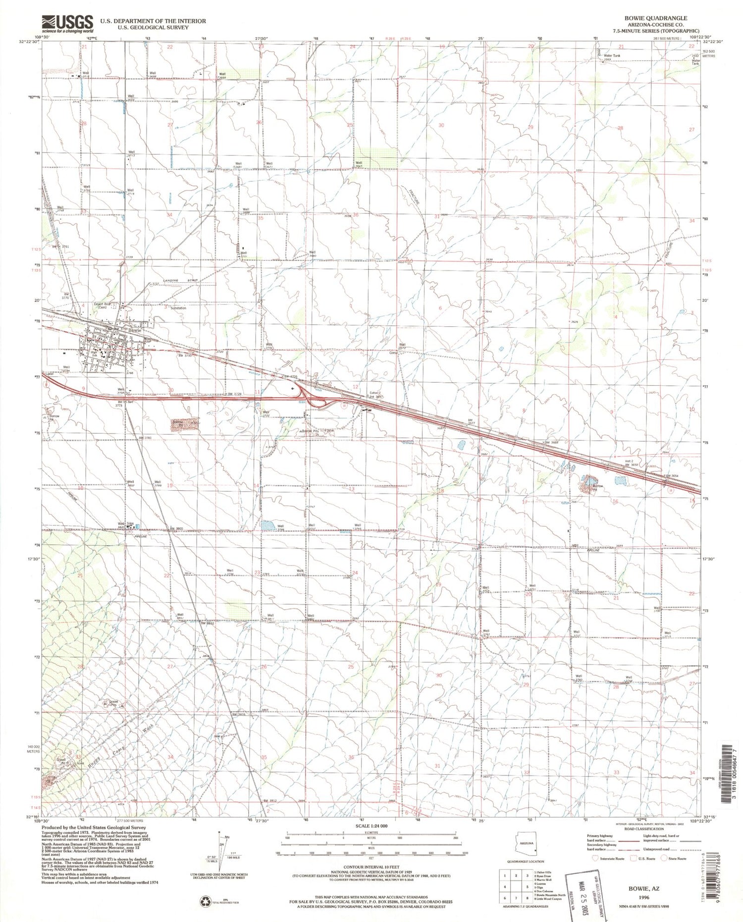 Classic USGS Bowie Arizona 7.5'x7.5' Topo Map Image