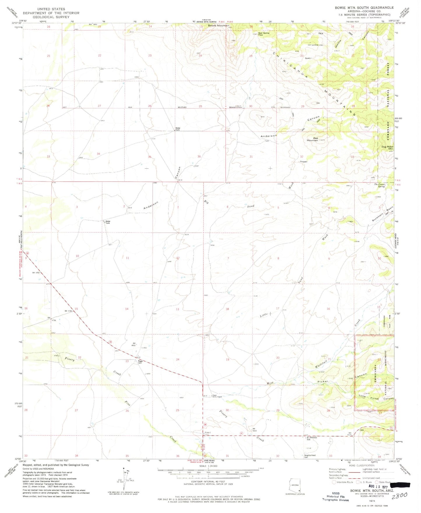 Classic USGS Bowie Mountain South Arizona 7.5'x7.5' Topo Map Image