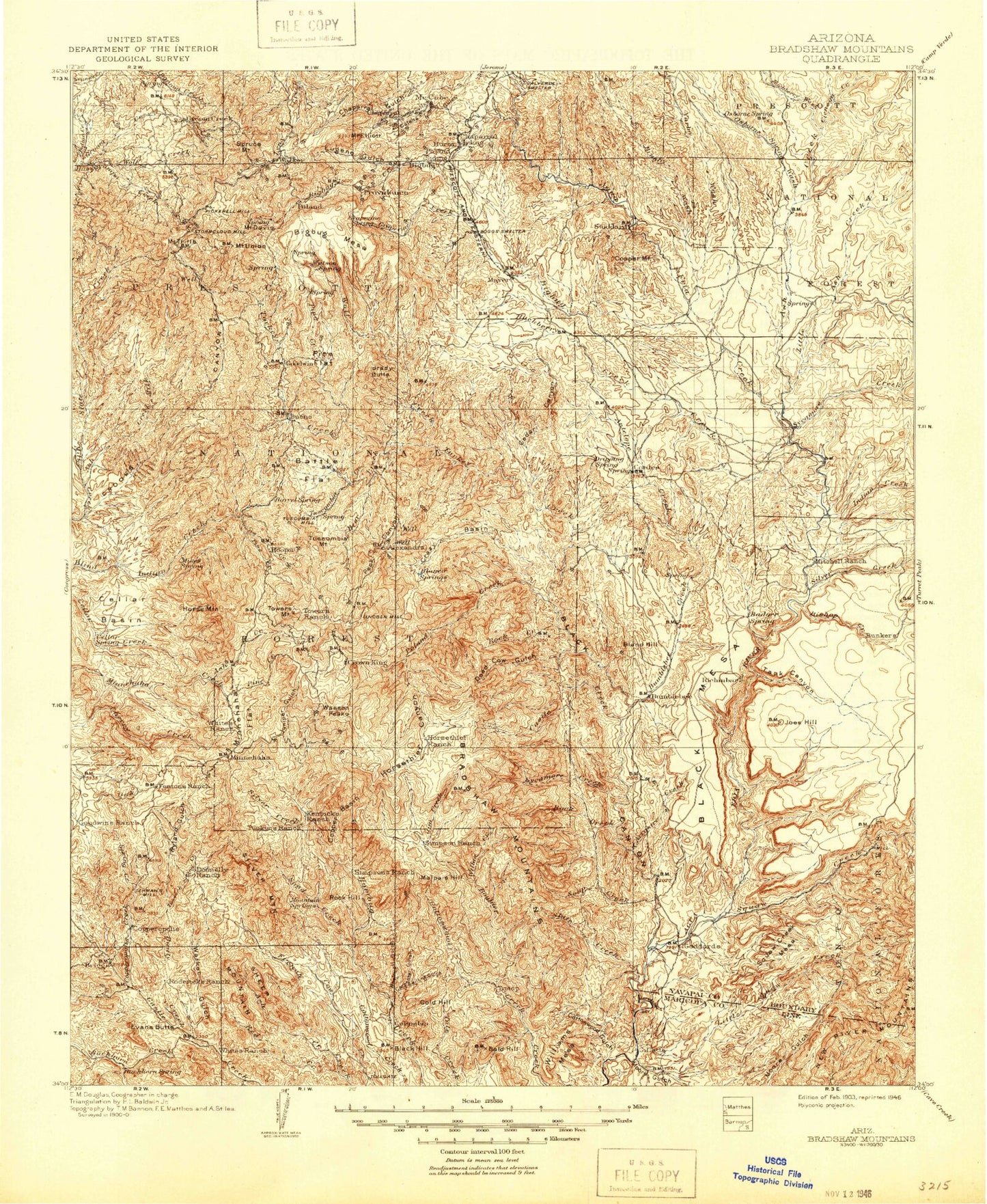 Historic 1903 Bradshaw Mountains Arizona 30'x30' Topo Map Image