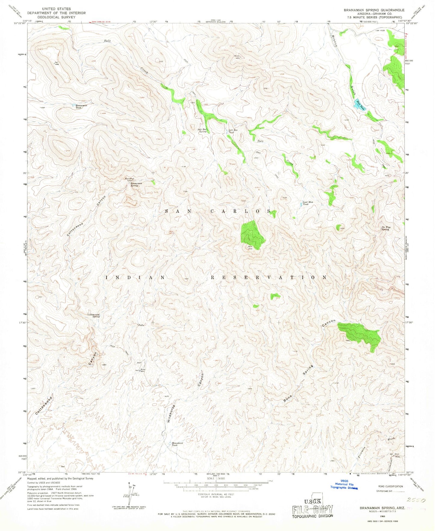 Classic USGS Branaman Spring Arizona 7.5'x7.5' Topo Map Image