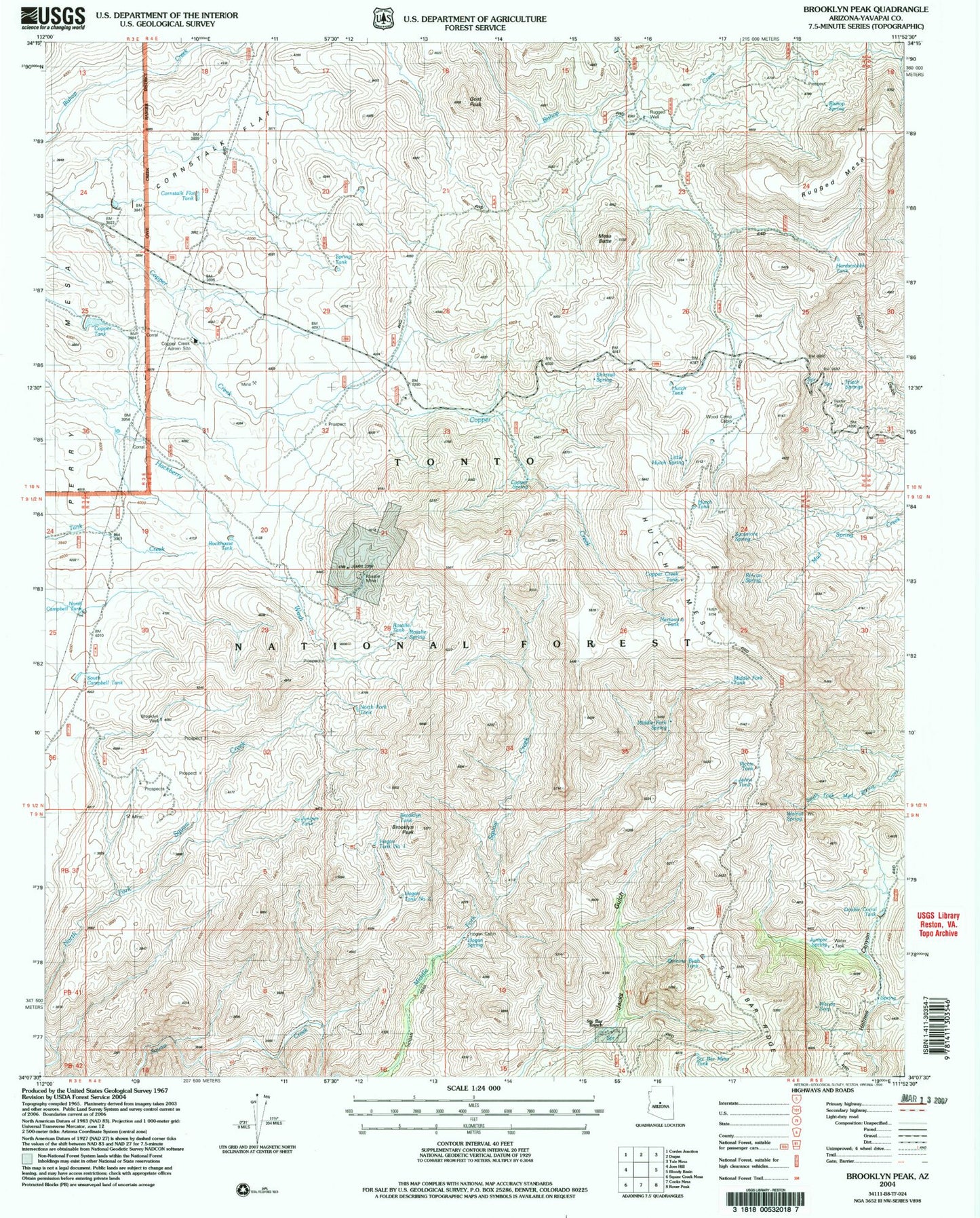 Classic USGS Brooklyn Peak Arizona 7.5'x7.5' Topo Map Image