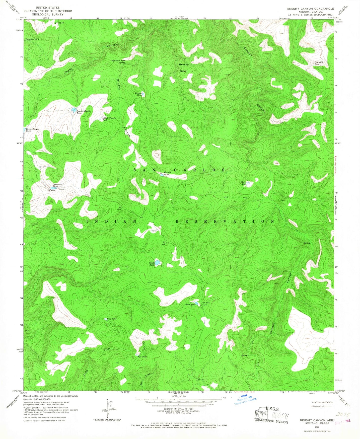 Classic USGS Brushy Canyon Arizona 7.5'x7.5' Topo Map Image