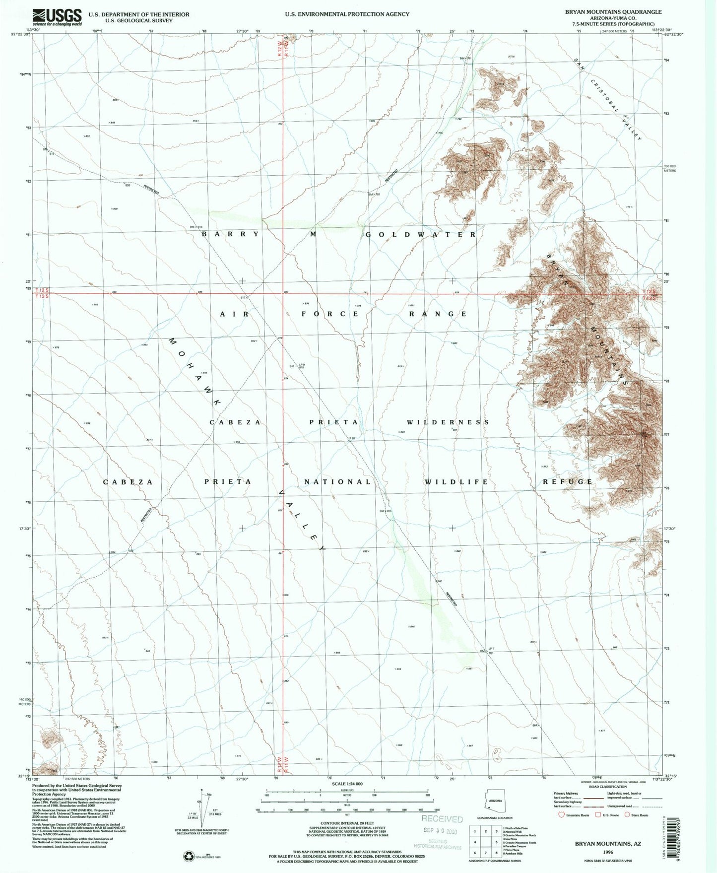 Classic USGS Bryan Mountains Arizona 7.5'x7.5' Topo Map Image